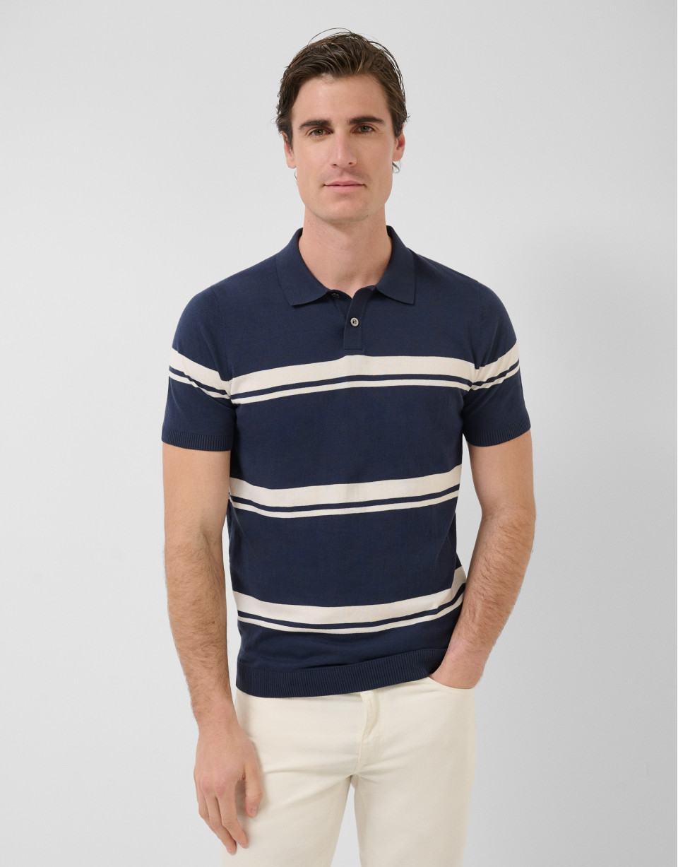 High twist navy/white striped knit polo shirt | Roberto Verino
