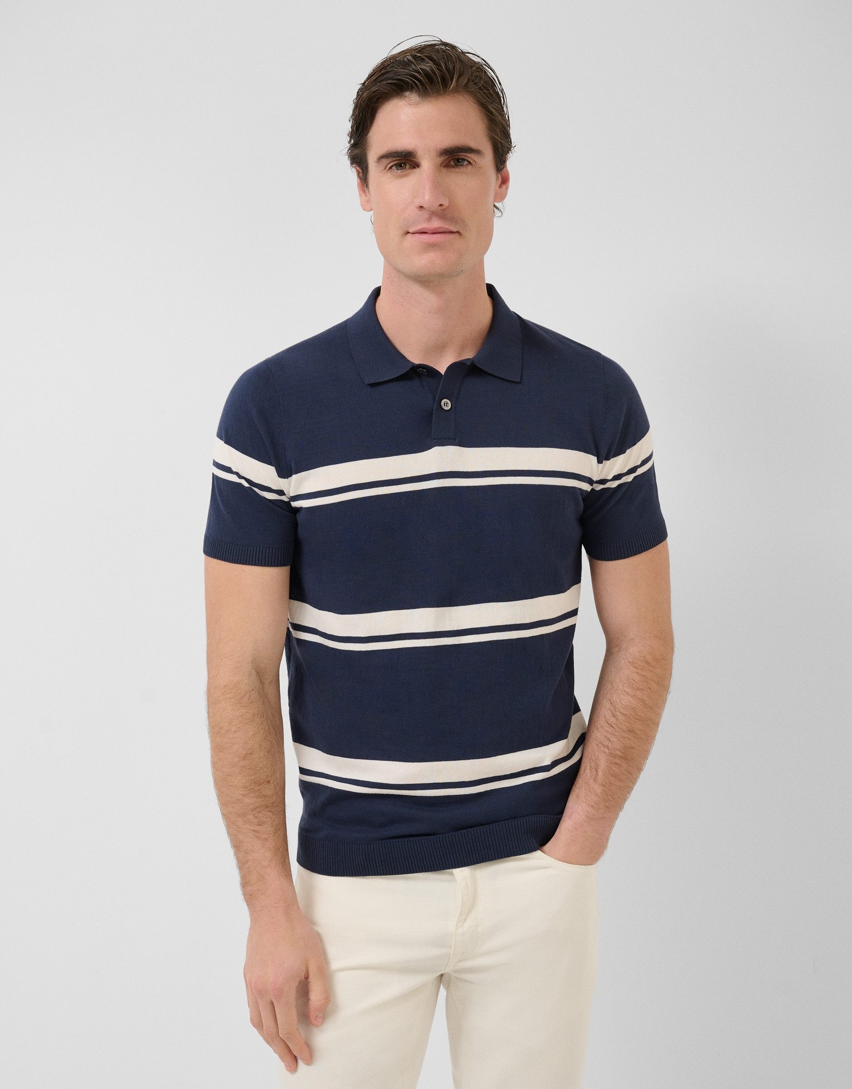 Polo tricotado high twist rayas marino/blanco | Roberto Verino