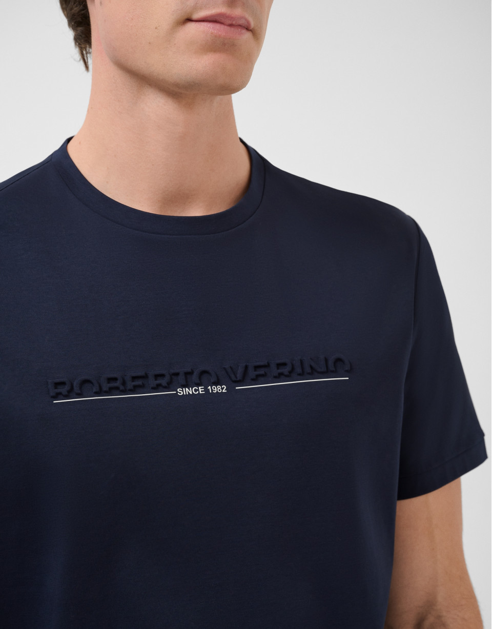 Navy blue short-sleeved T-shirt with logo on ... | Roberto Verino