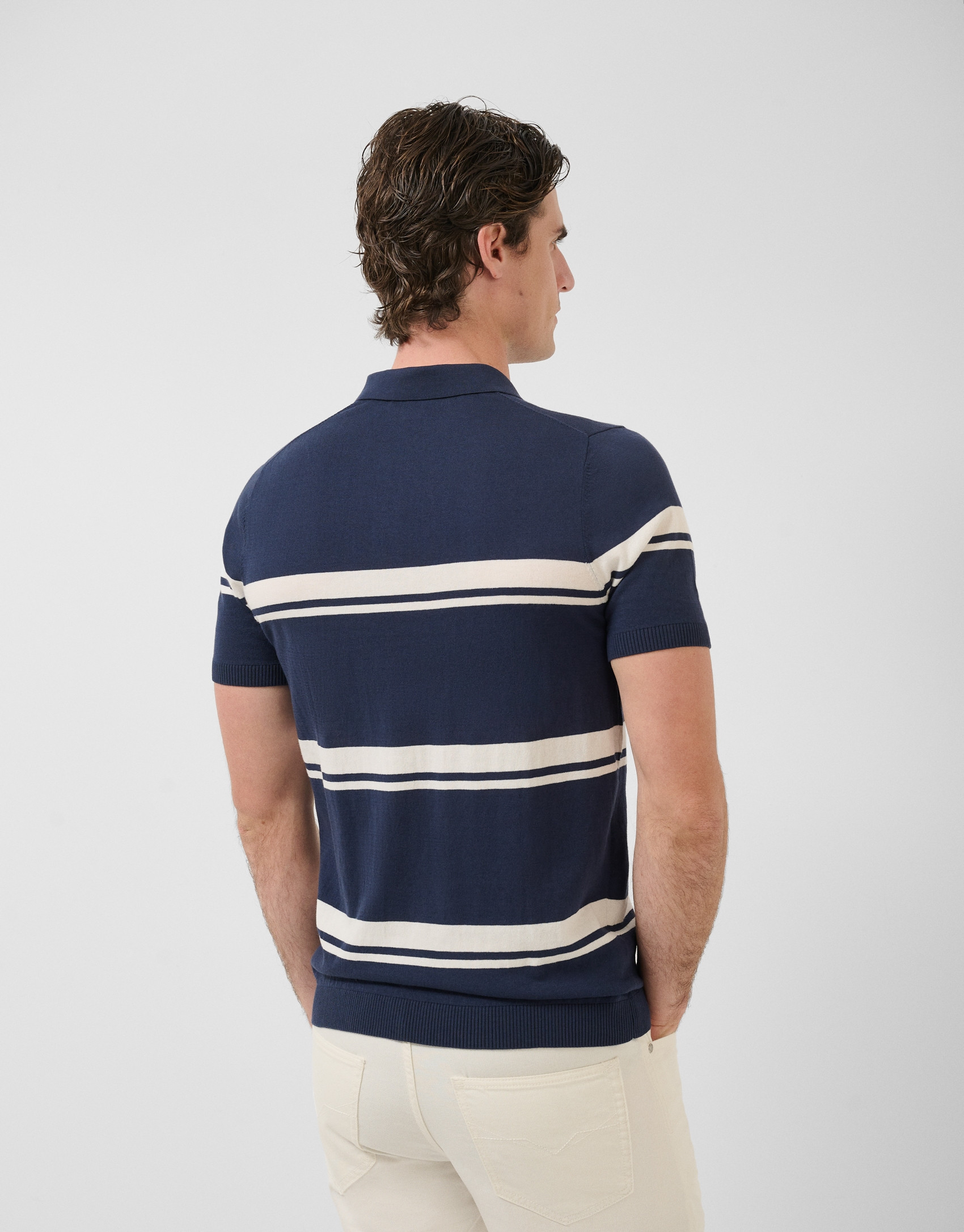 High twist navy/white striped knit polo shirt | Roberto Verino