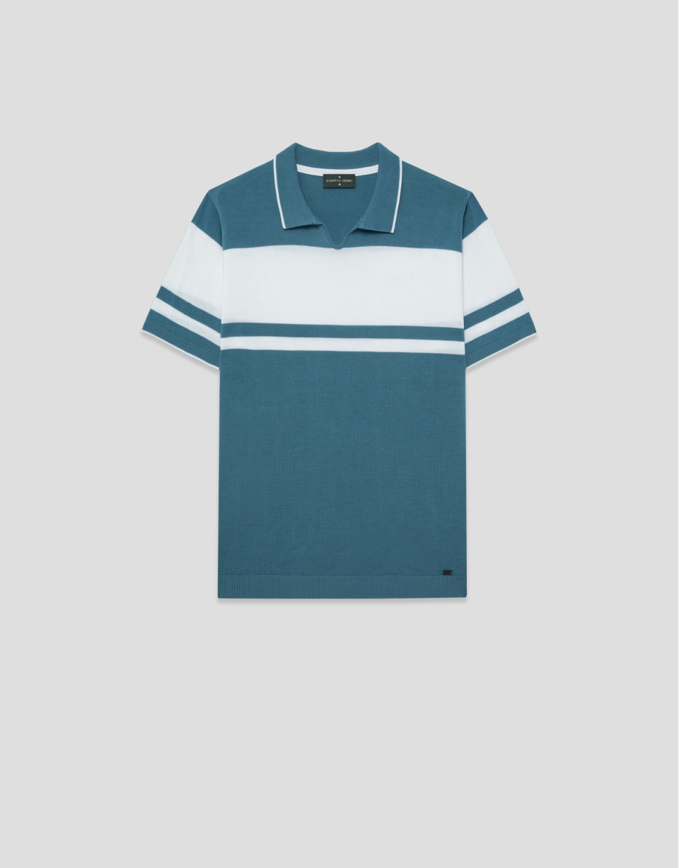 Teal/white striped knitted polo shirt - Man | Roberto Verino