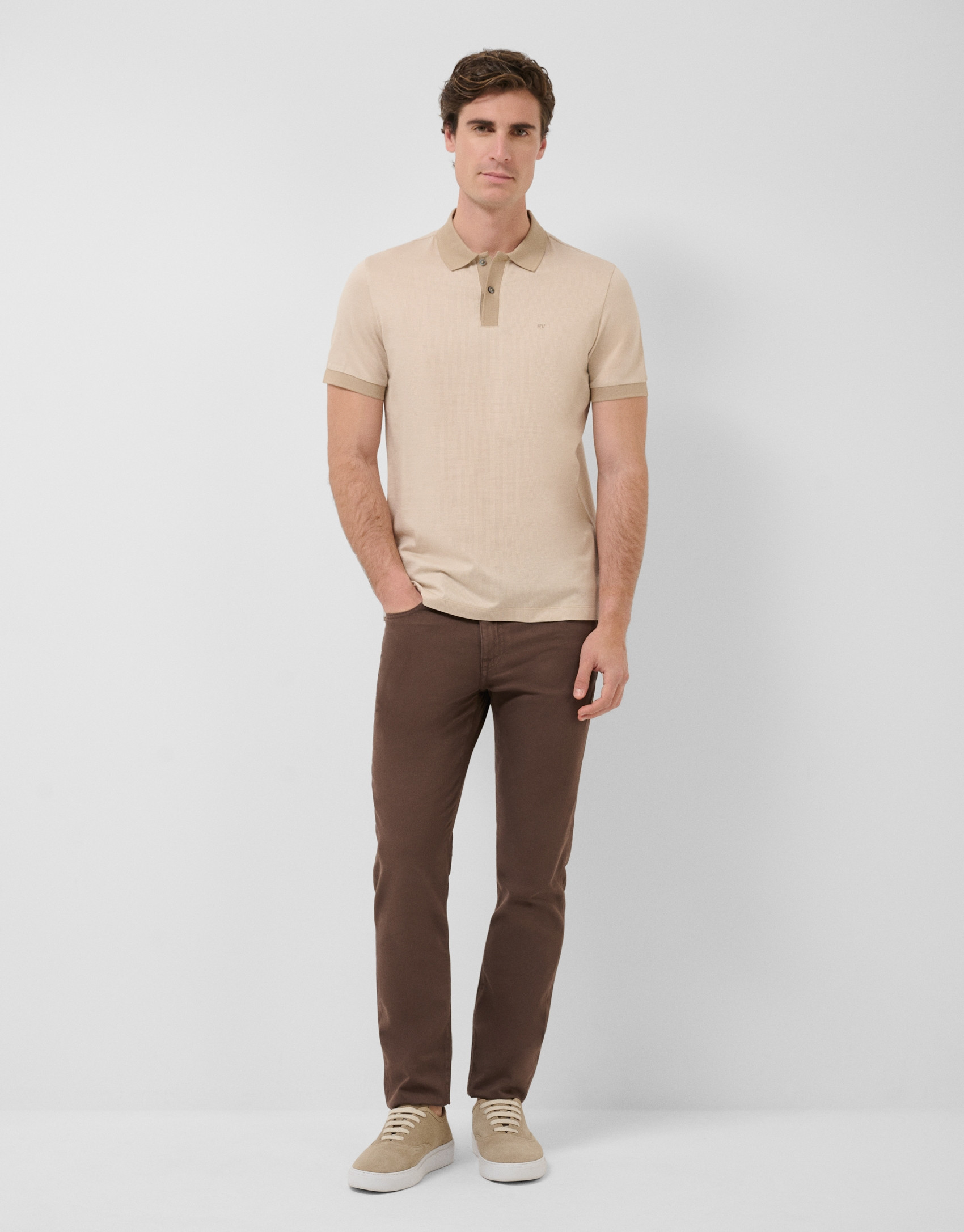 Polo jacquard mercerizado tricolor camel/blanco | Roberto Verino