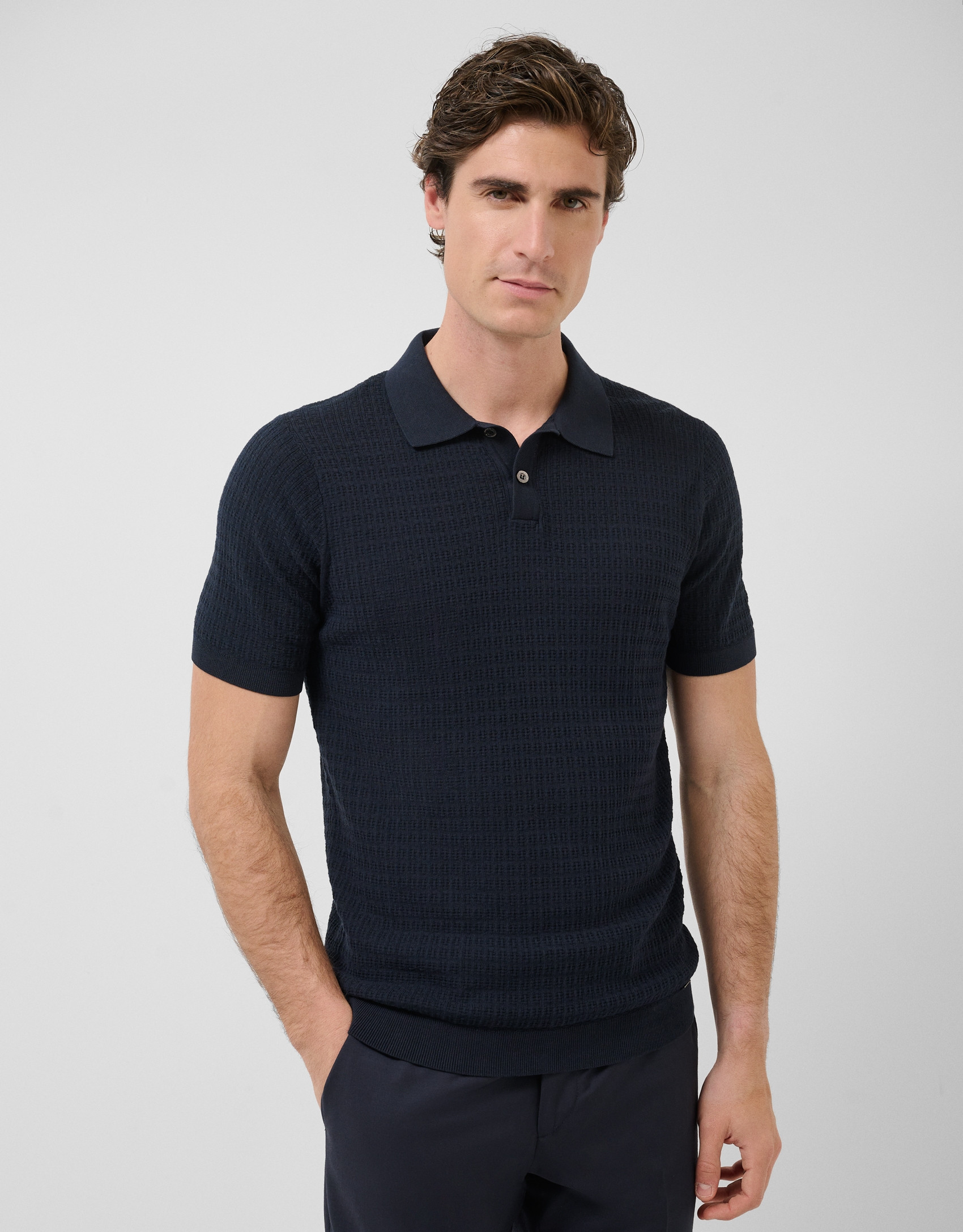 Navy structured knitted polo shirt - Man | Roberto Verino