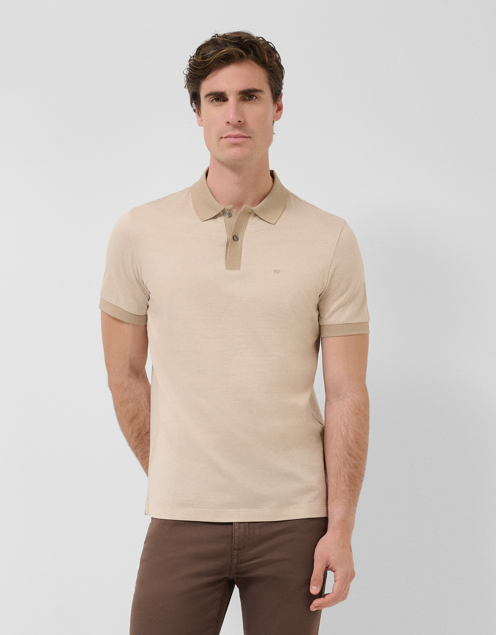 Polo jacquard mercerizado tricolor camel/blanco | Roberto Verino