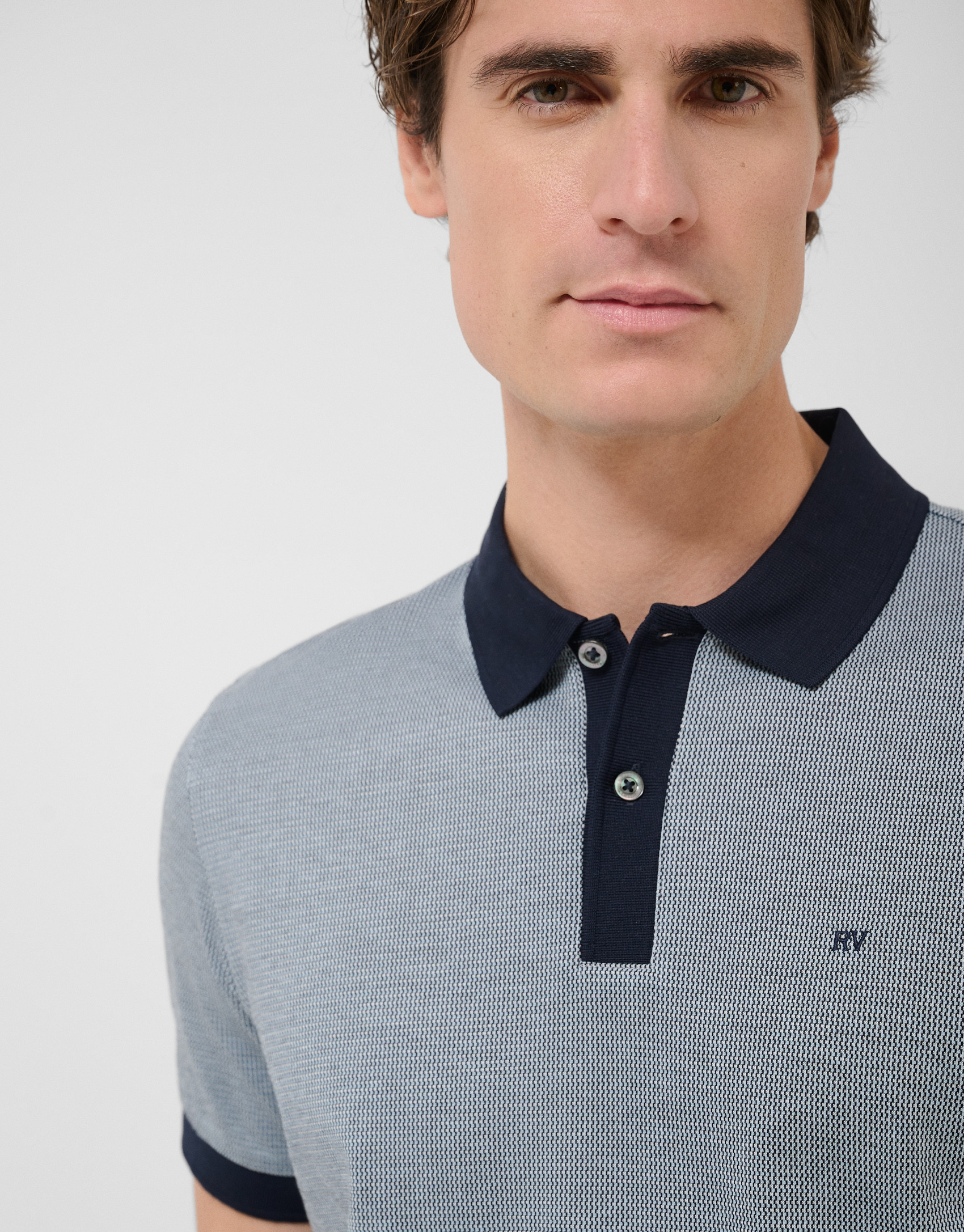 Three-colour blue/white mercerised jacquard ... | Roberto Verino
