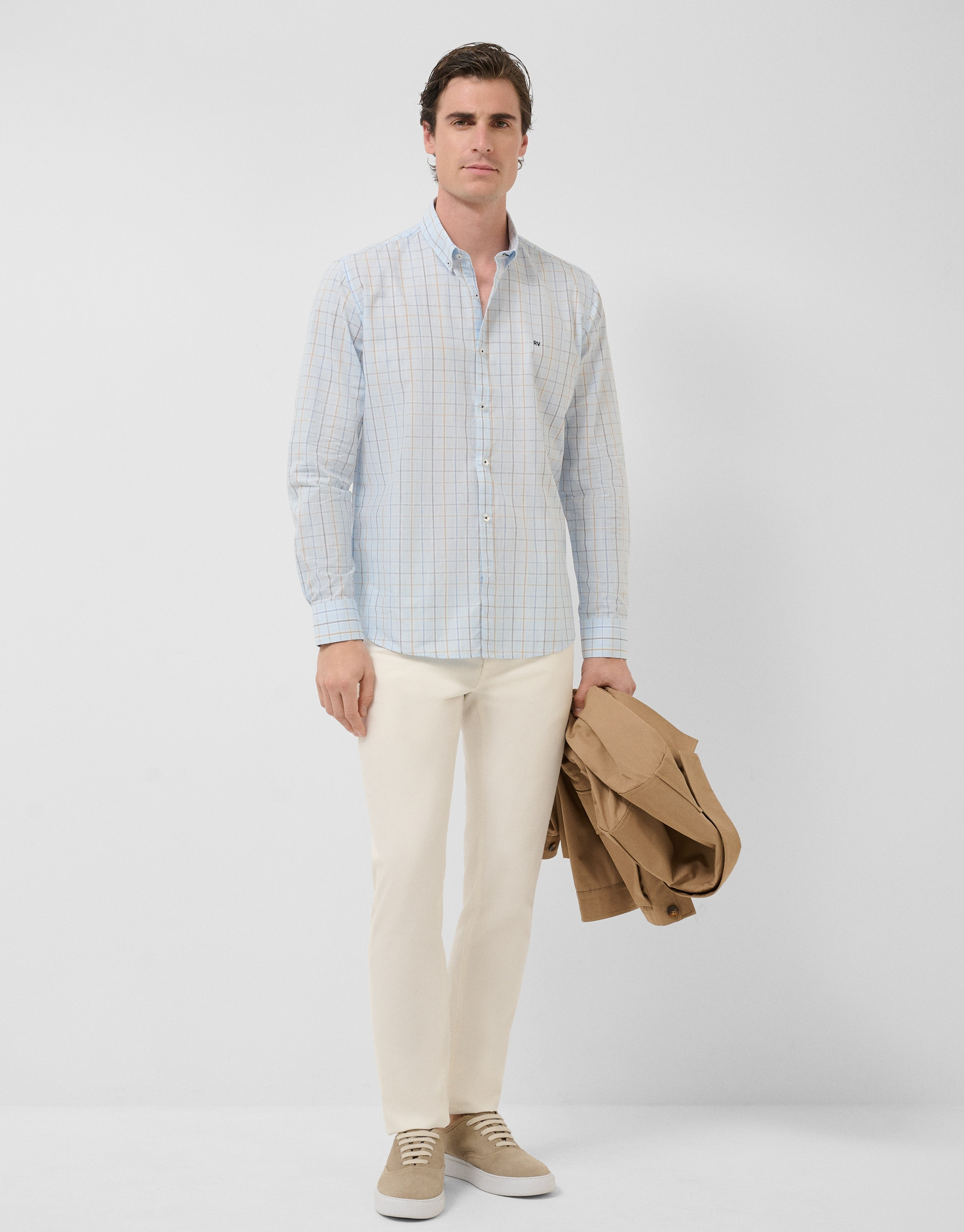 Regular fit light blue checked shirt with ... | Roberto Verino
