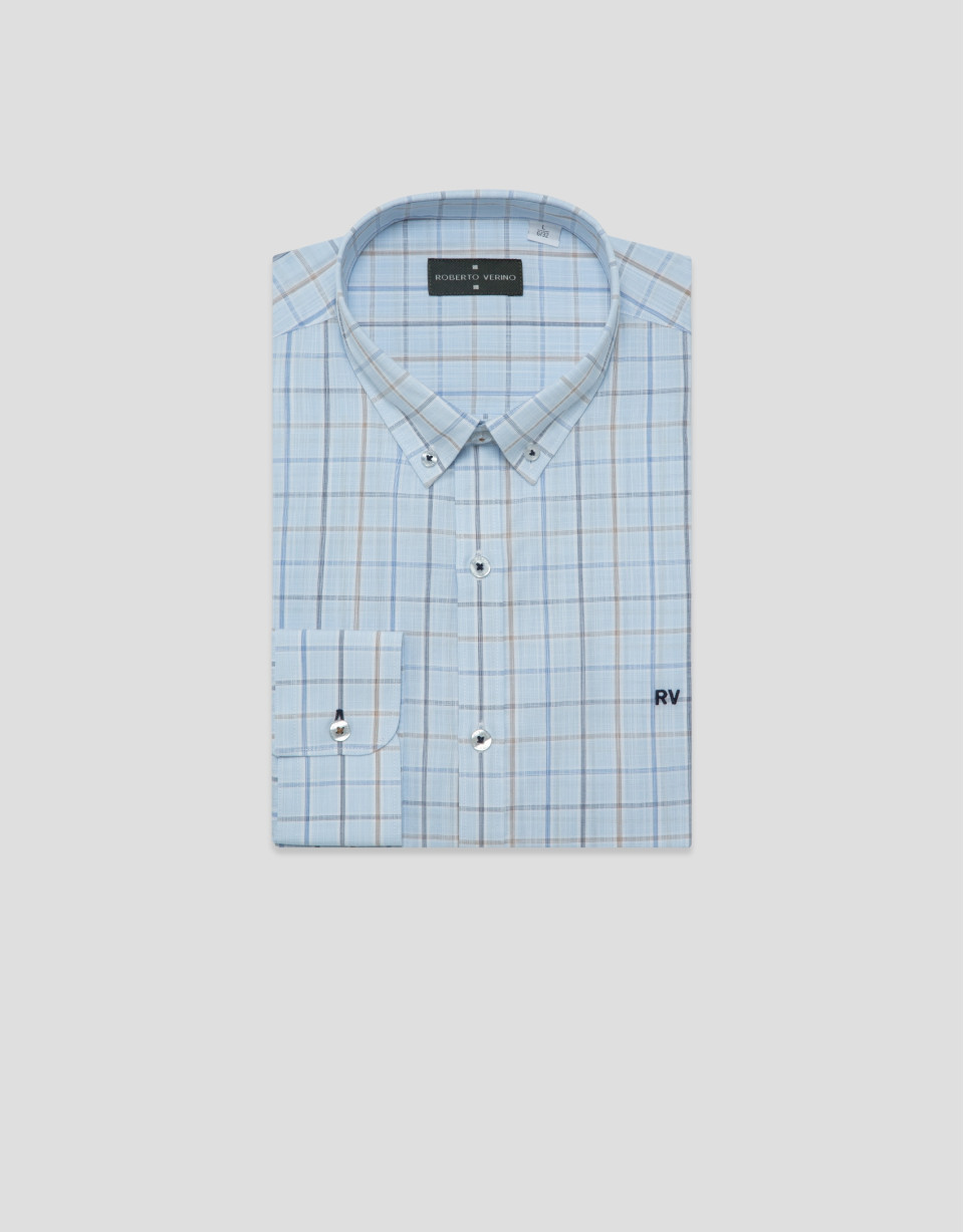 Regular fit light blue checked shirt with ... | Roberto Verino