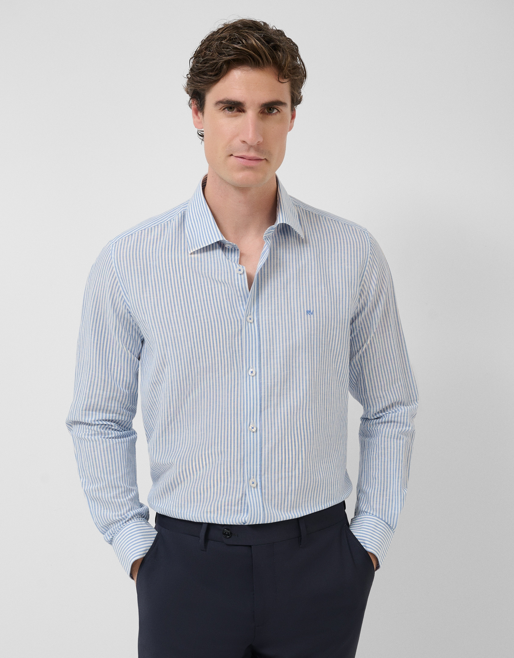 Slim fit sports shirt with sky blue and white... | Roberto Verino