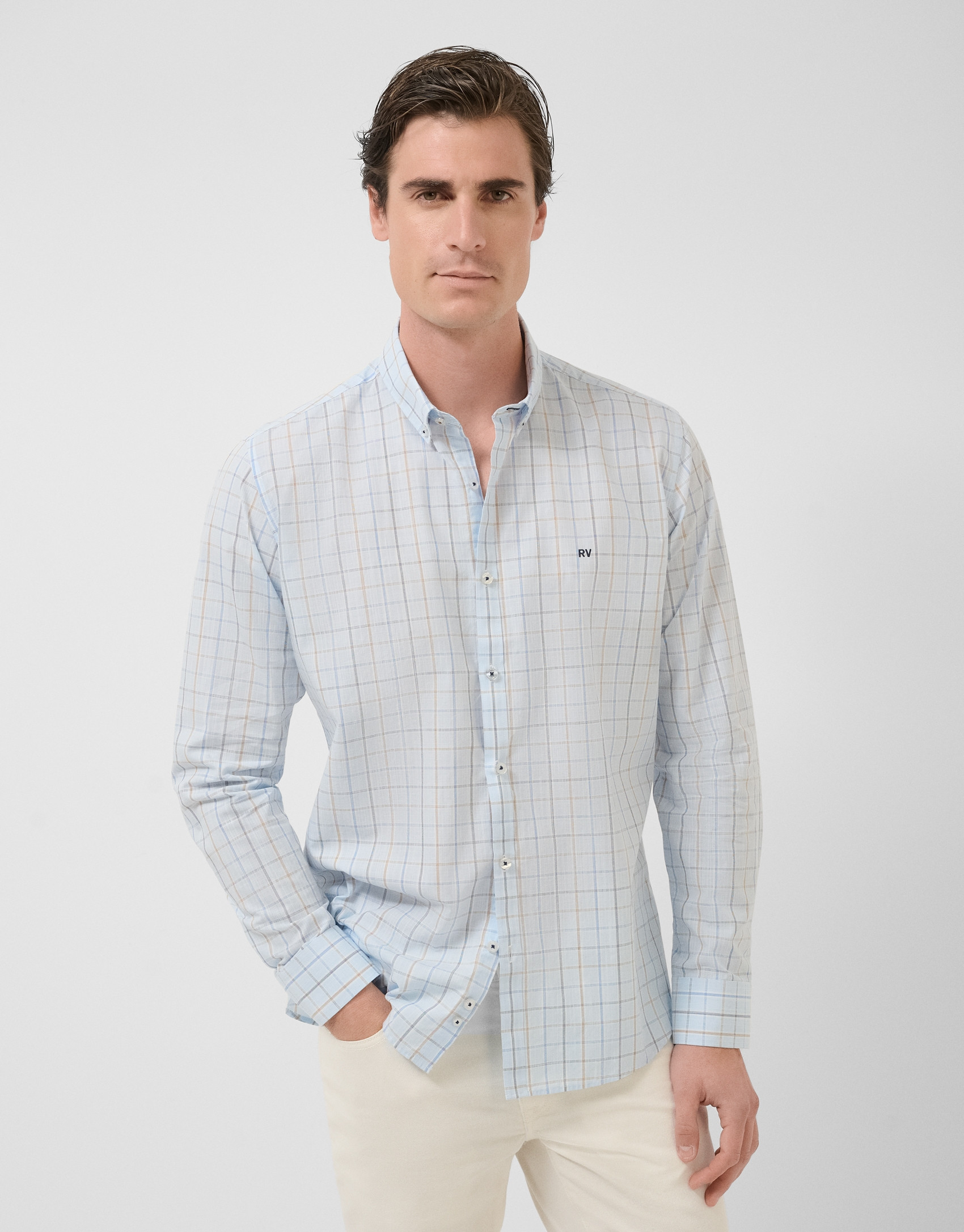 Regular fit light blue checked shirt with ... | Roberto Verino