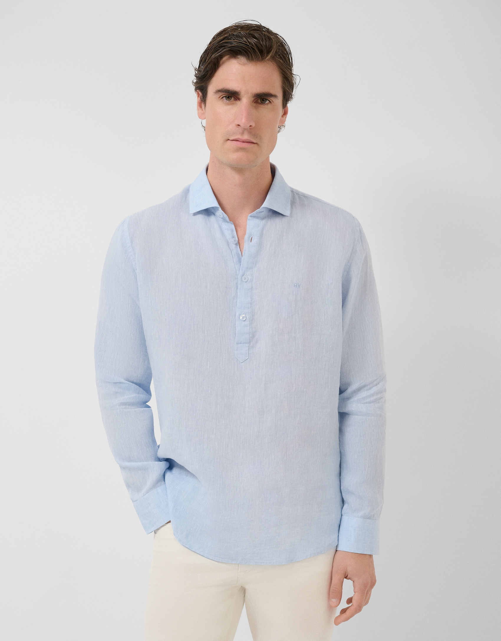 Camisa sport regular tipo polo lino celeste | Roberto Verino