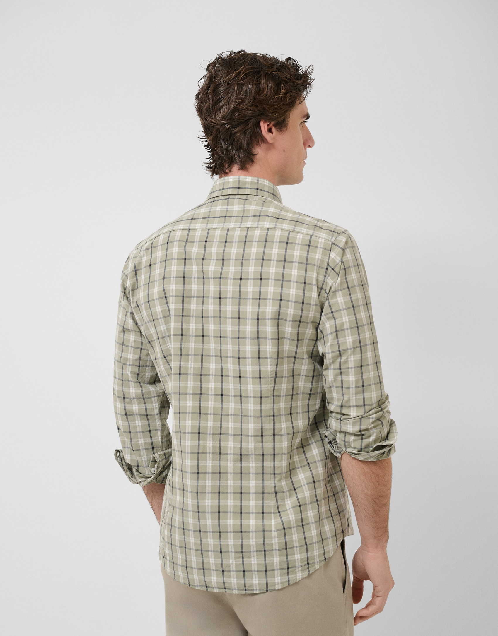 Regular fit khaki checked shirt with navy and... | Roberto Verino
