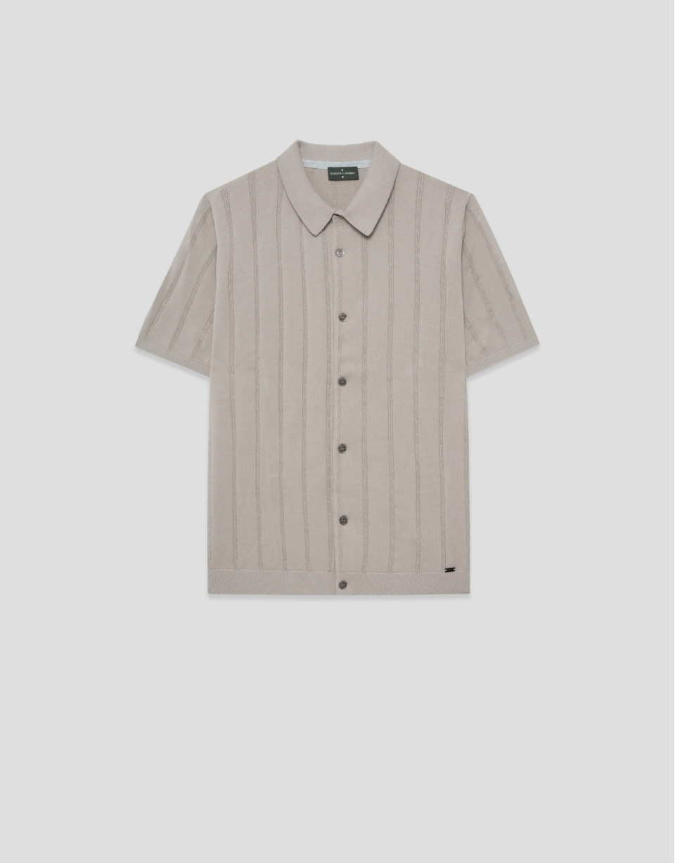 Open-neck mink-coloured cable knit polo shirt | Roberto Verino