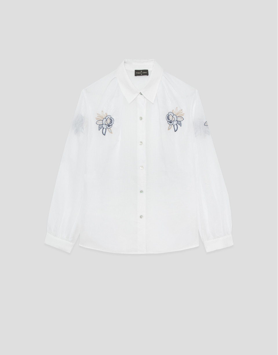 White shirt with blue embroidery on the ... | Roberto Verino