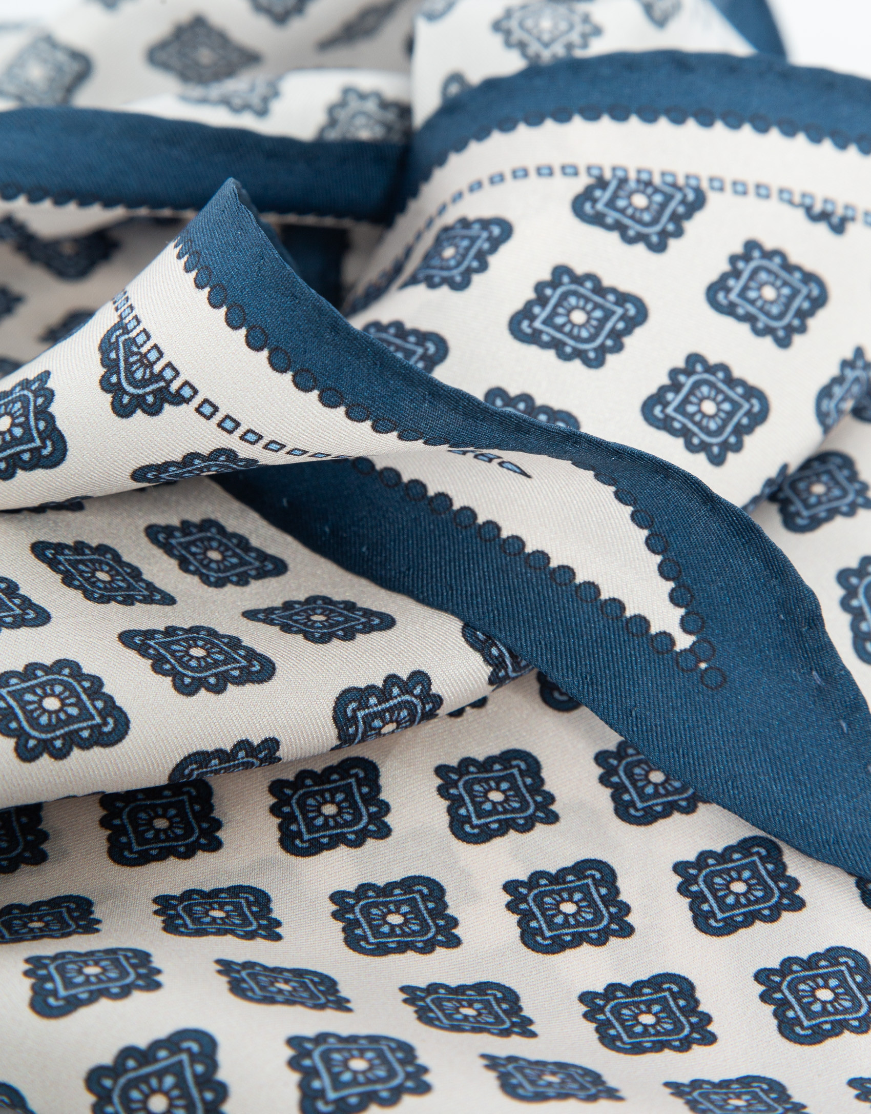 White silk triangular bandana with blue ... | Roberto Verino