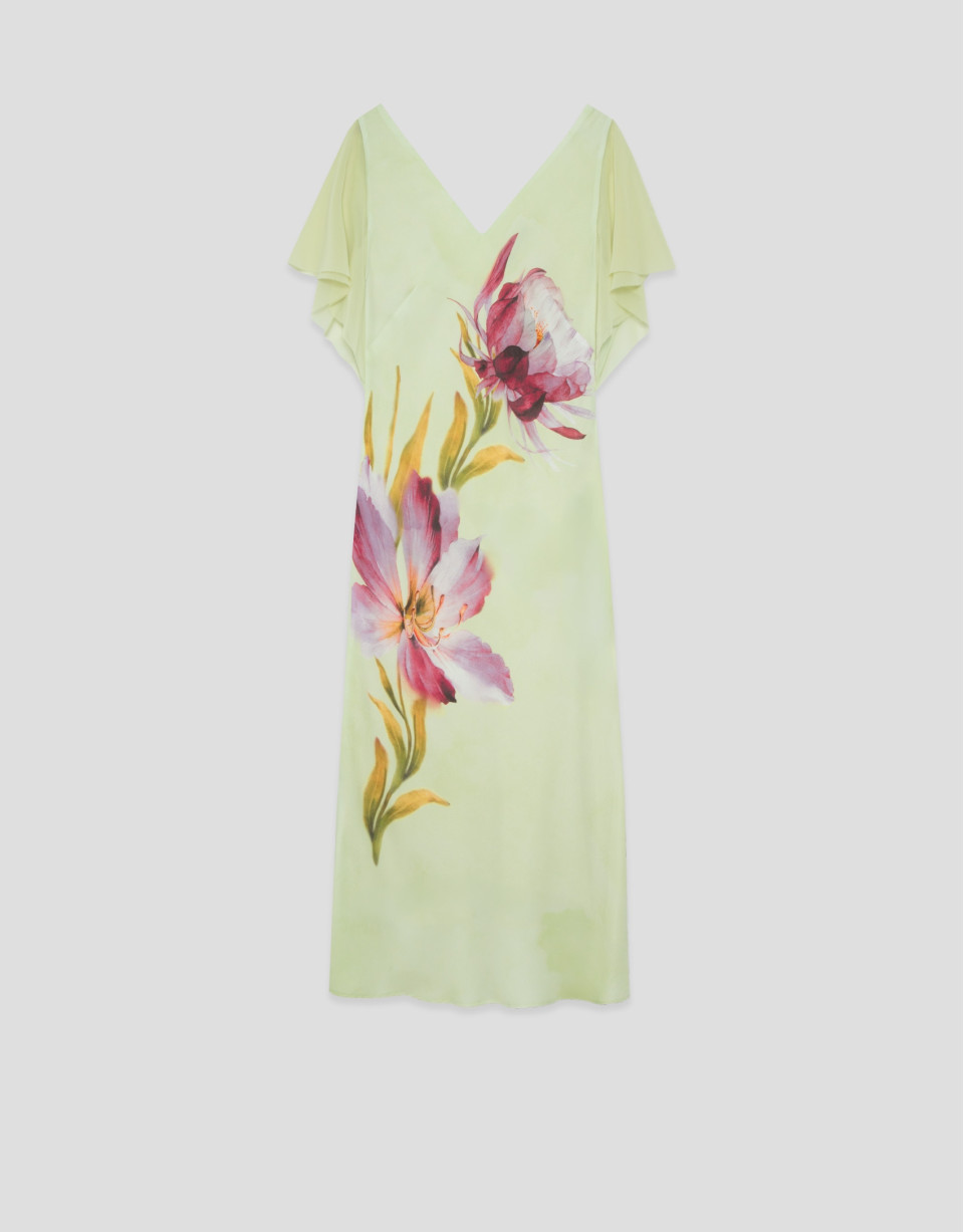 Vestido midi evasé crepé verde con flor - Mujer | Roberto Verino