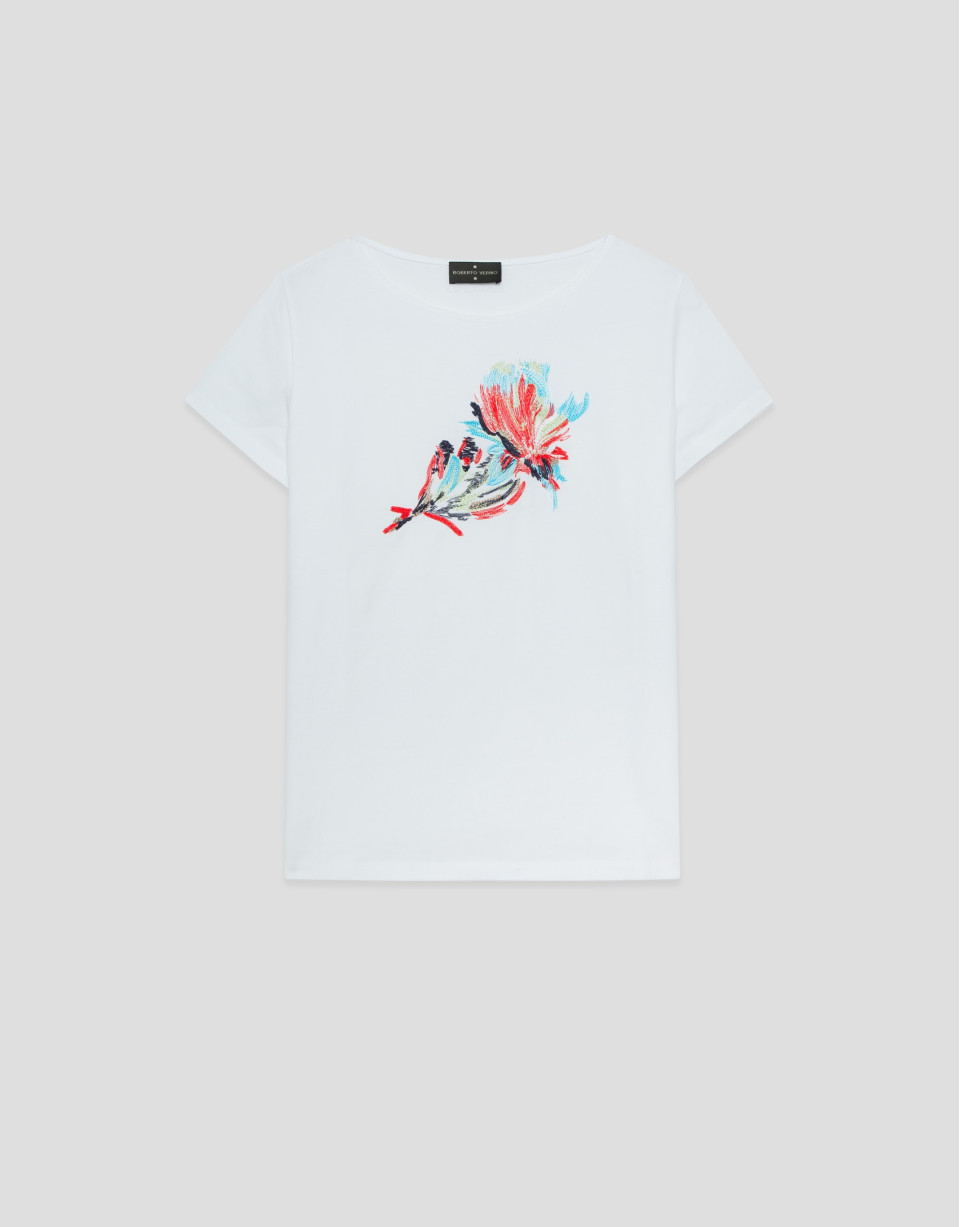 White cotton T-shirt with floral embroidery | Roberto Verino