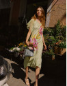Green crepe flared midi dress with flower | Roberto Verino
