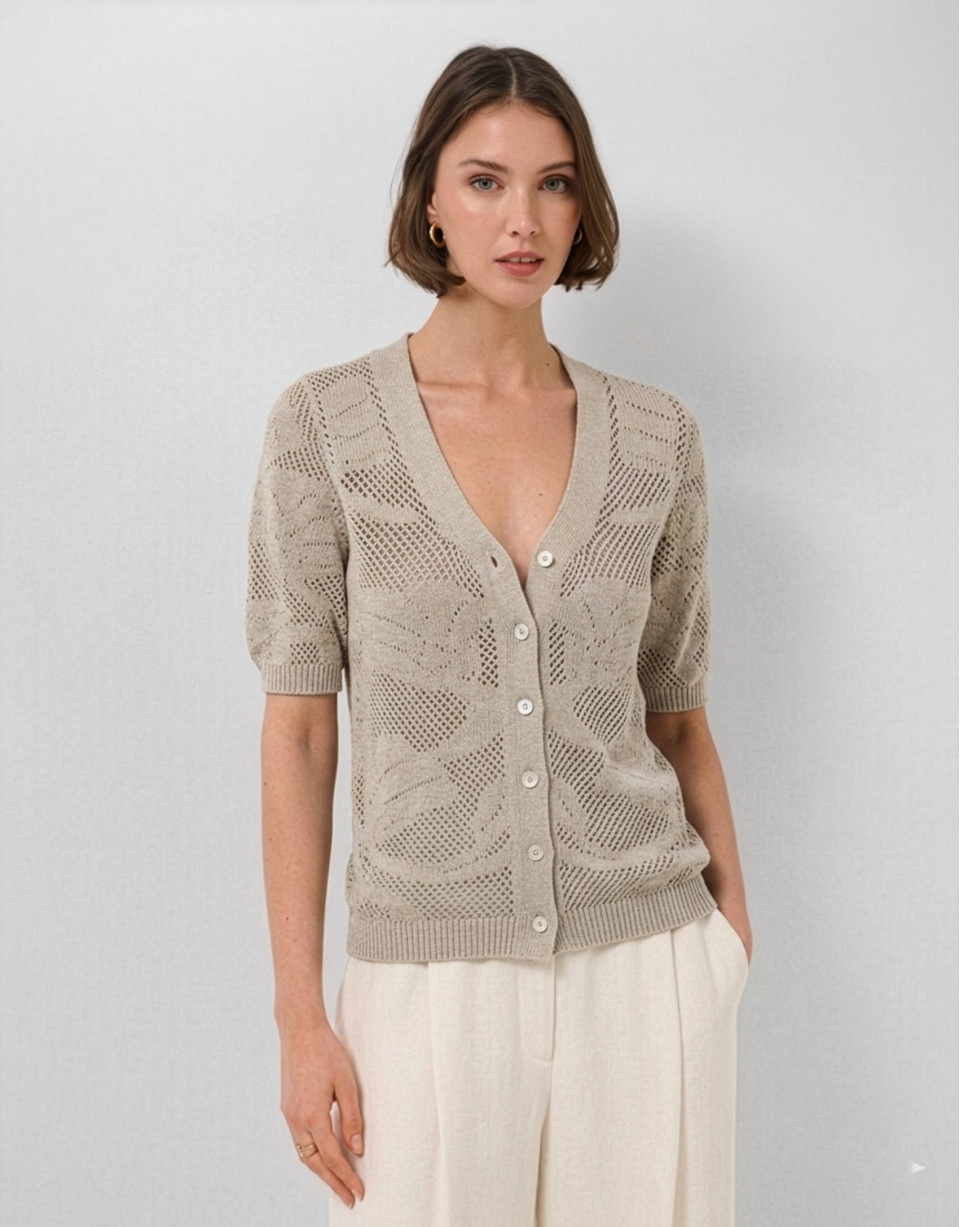 Short-sleeved jacket with floral cut-outs in ... | Roberto Verino