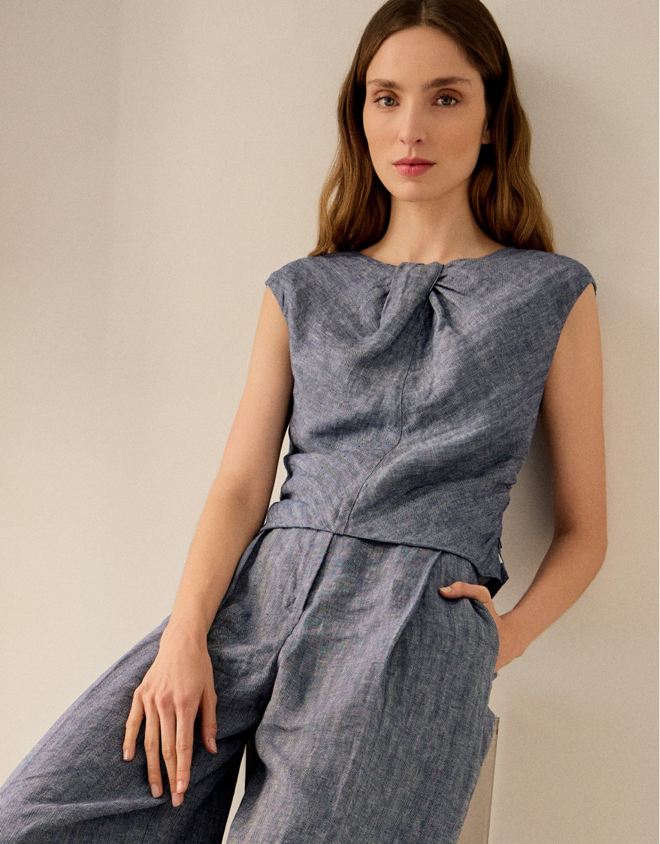 Blusa sin mangas fruncida lino azul - Mujer | Roberto Verino