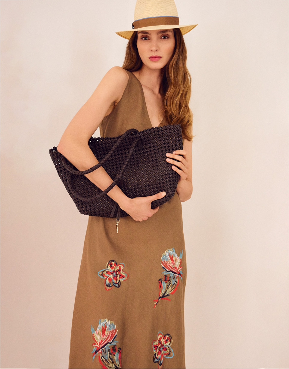 Camel linen sleeveless dress with floral ... | Roberto Verino