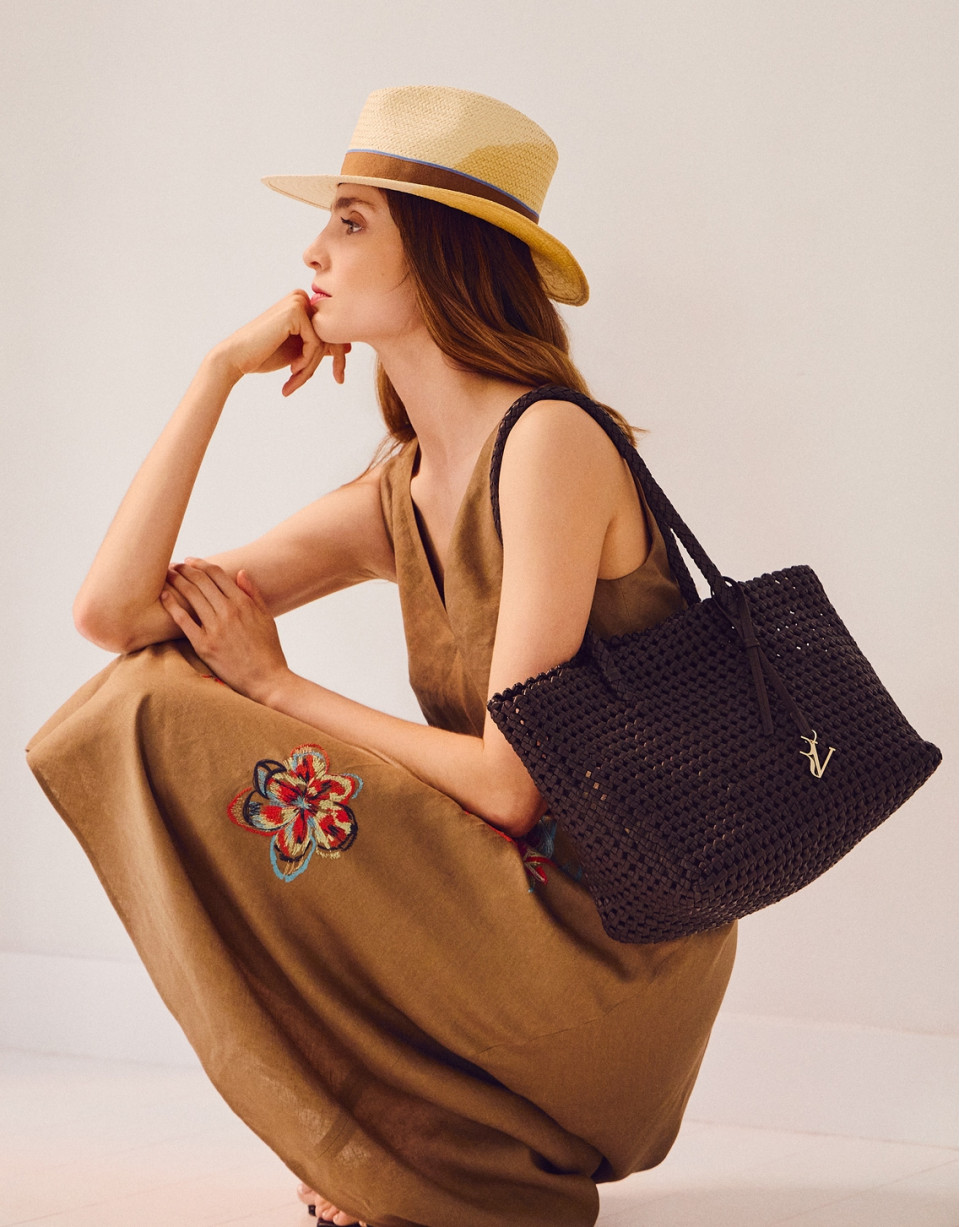 Paola Shopper shoulder bag in brown knotted ... | Roberto Verino