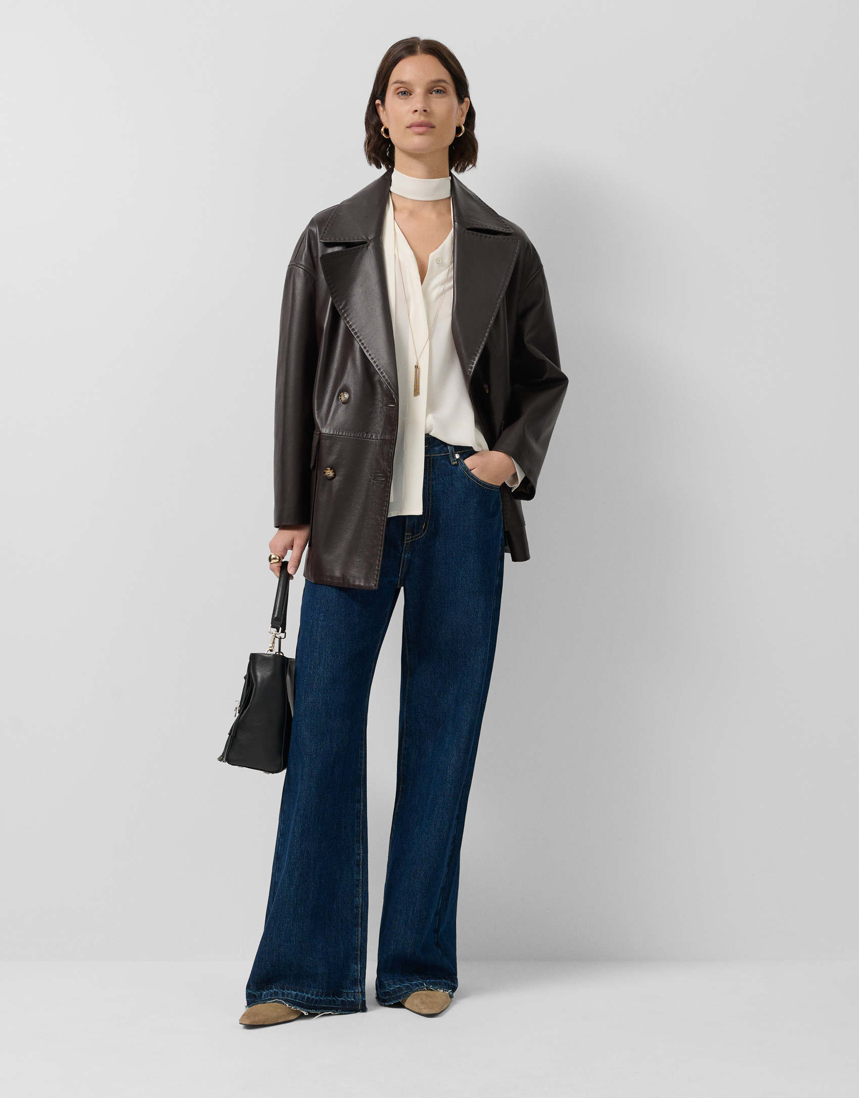 Brown napa double-breasted jacket with pockets | Roberto Verino