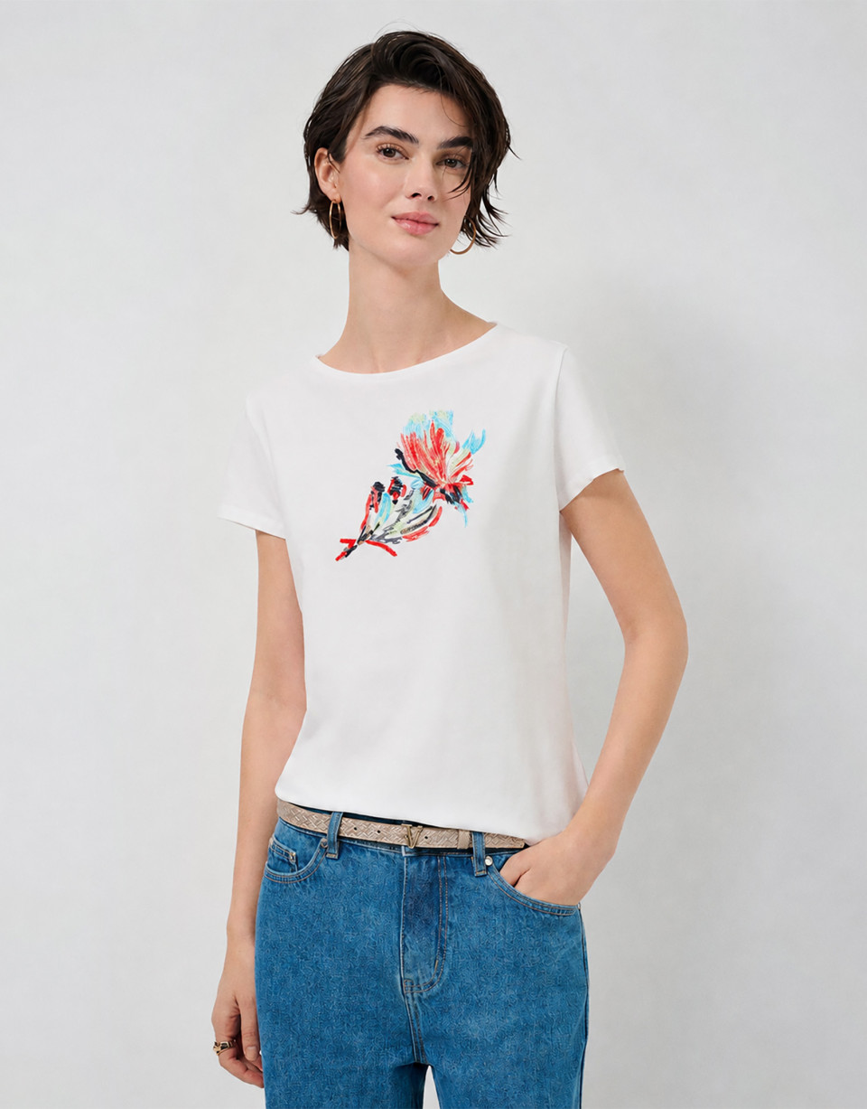 Camiseta algodón blanco con bordado flor | Roberto Verino