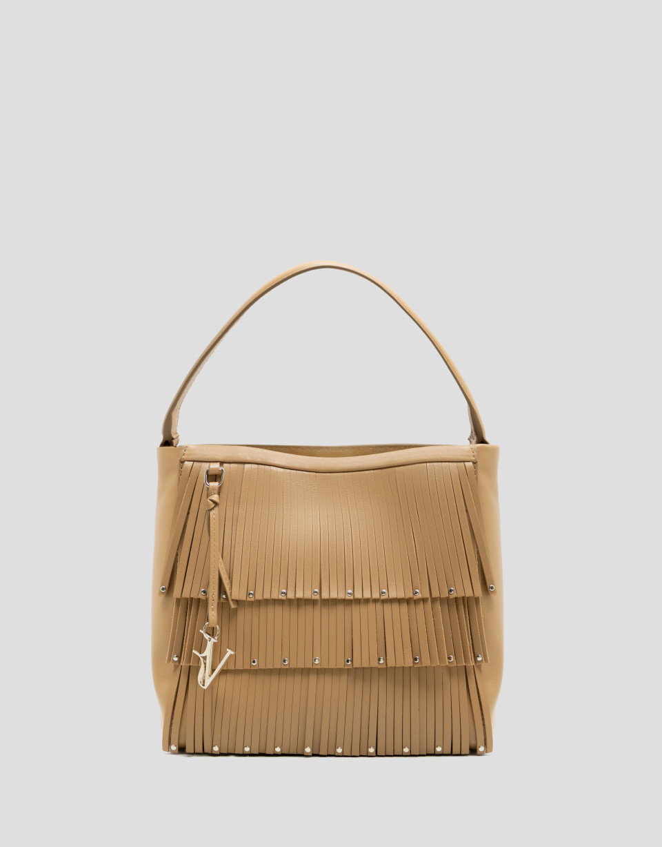 Chloe Bucket Bag in hazelnut leather with fringe | Roberto Verino