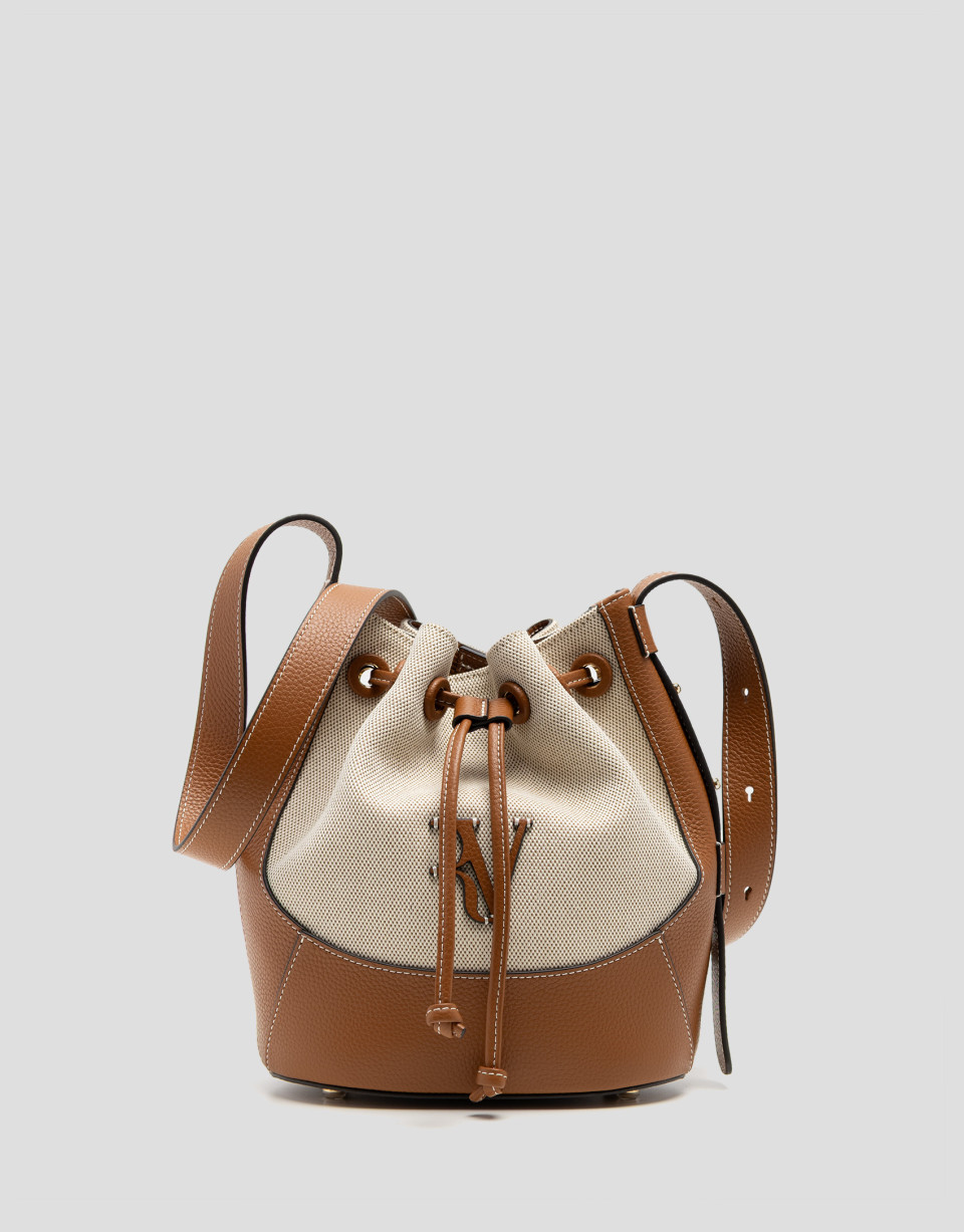 Bolso de hombro Iera Bucket lona y piel cámel | Roberto Verino