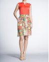 Yellow/coral print chiffon skirt with front pleat