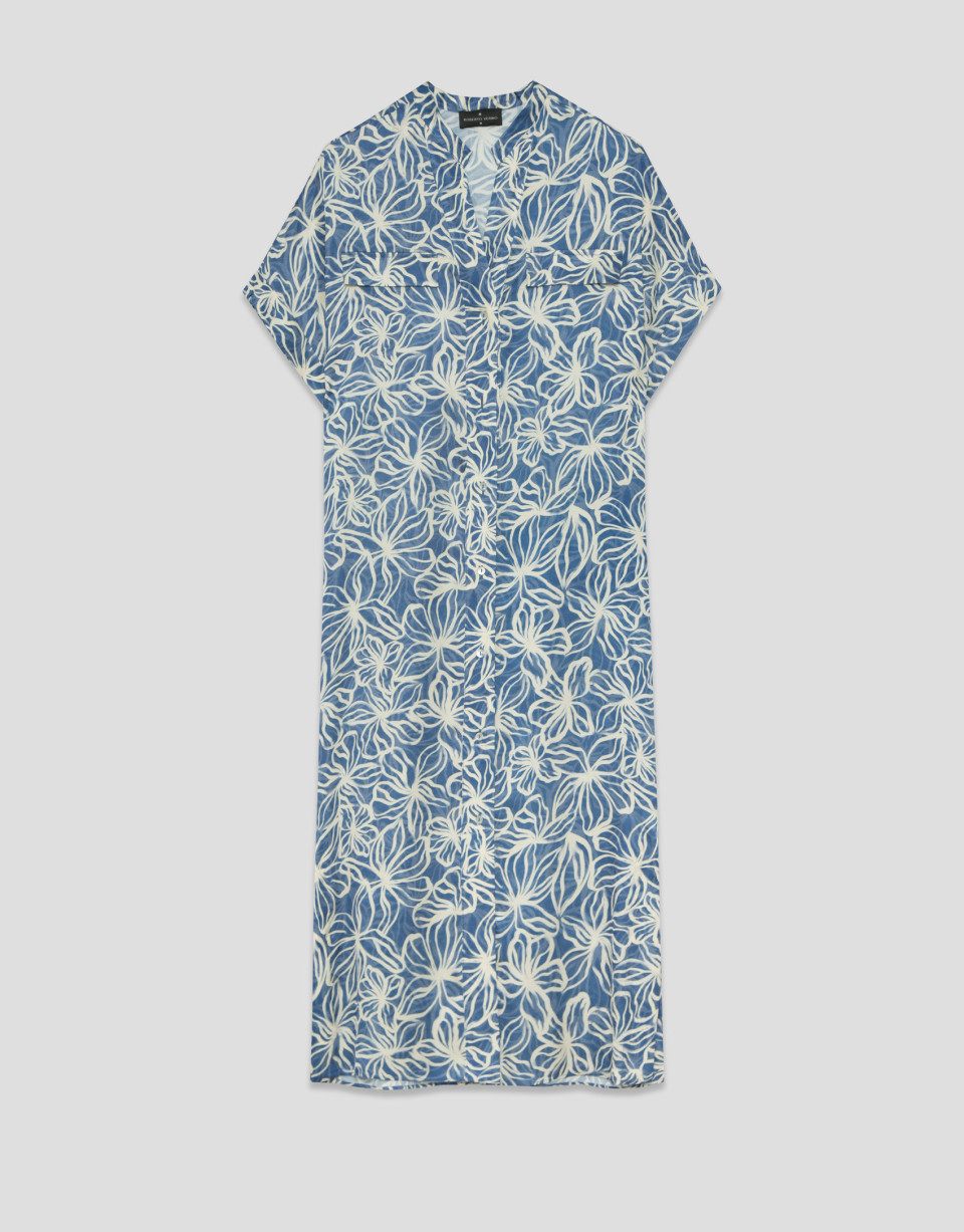 Blue and ecru floral print midi shirt dress | Roberto Verino