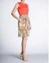 Yellow/coral print chiffon skirt with front pleat