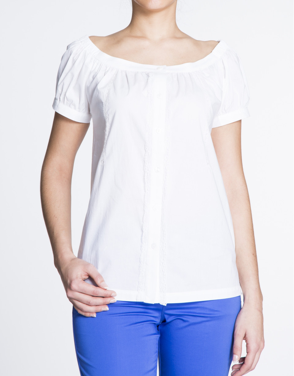 White boat neck cotton and lace blouse 