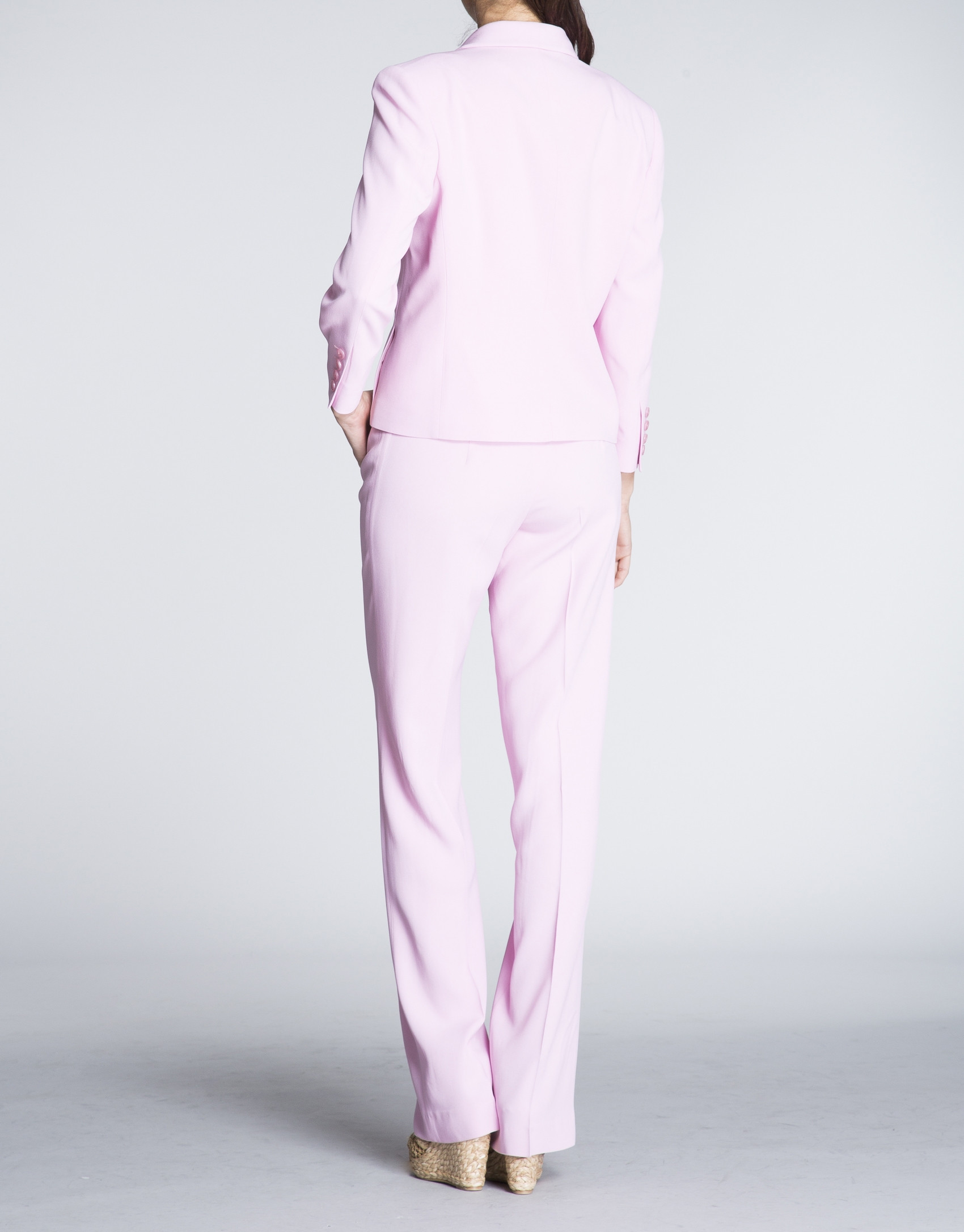 Pink blazer with tuxedo collar. 