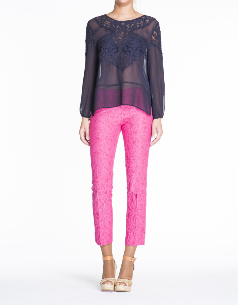 Navy blue embroidered long-sleeve bombacho blouse 