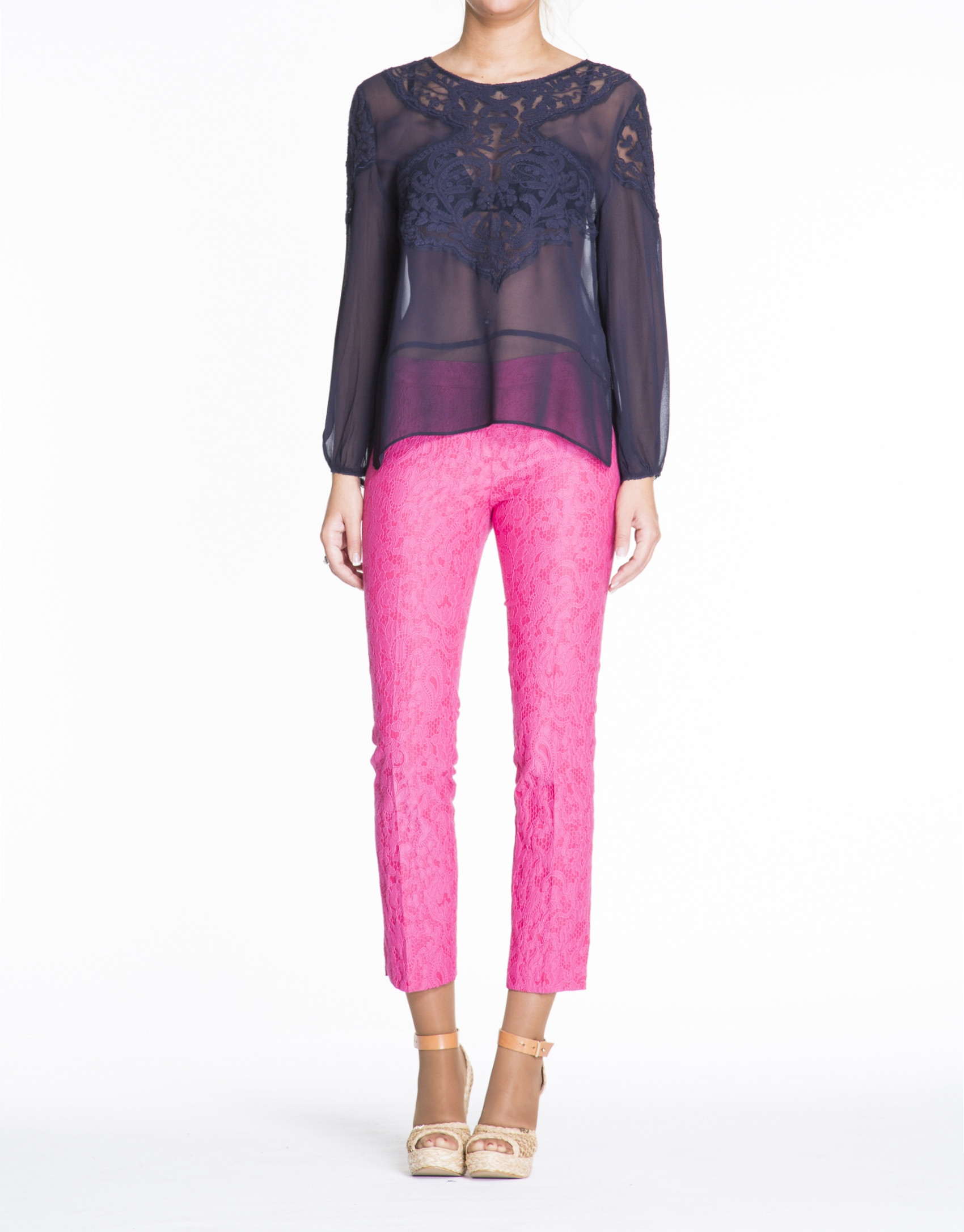 Navy blue embroidered long-sleeve bombacho blouse 