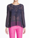 Navy blue embroidered long-sleeve bombacho blouse 