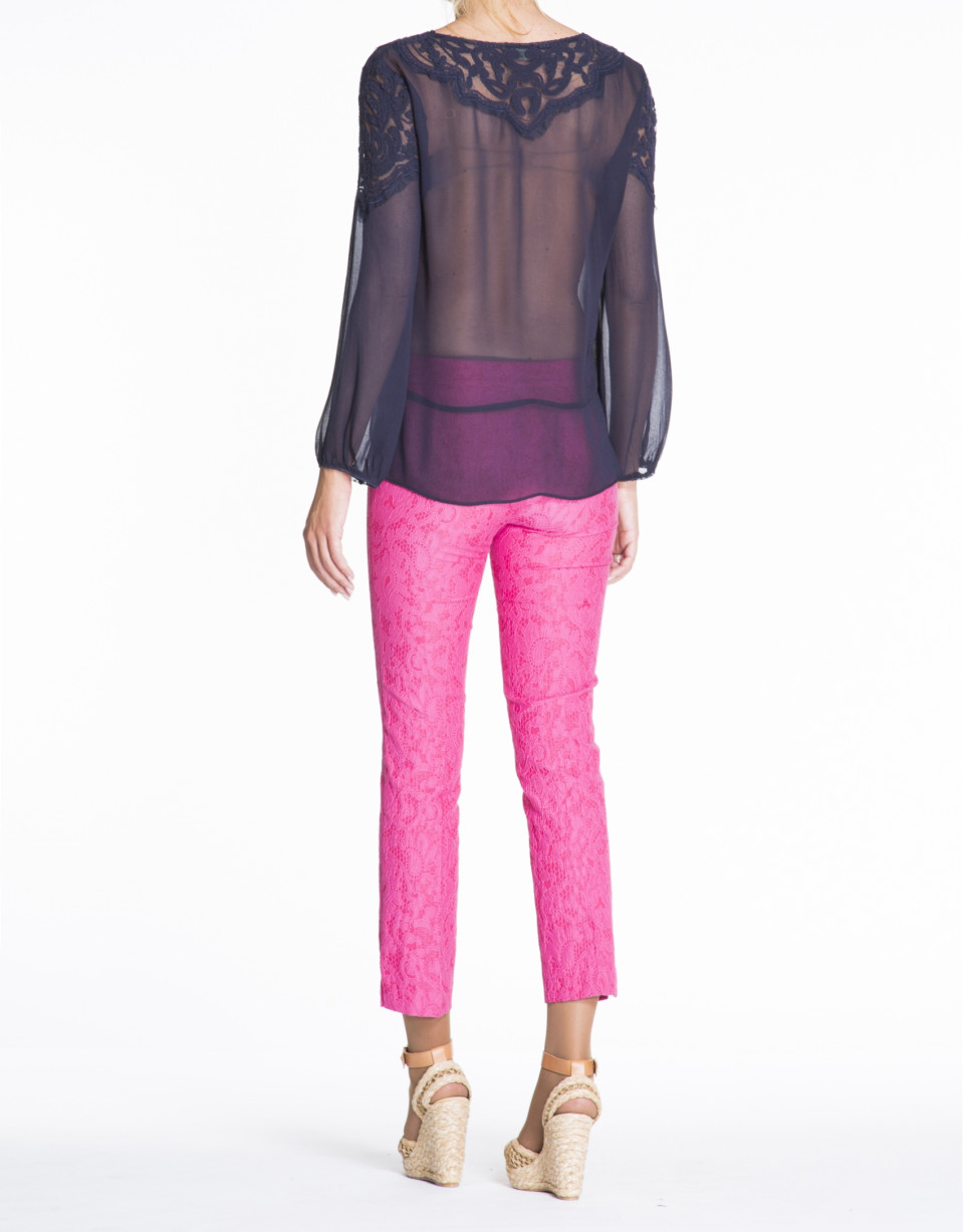 Navy blue embroidered long-sleeve bombacho blouse 