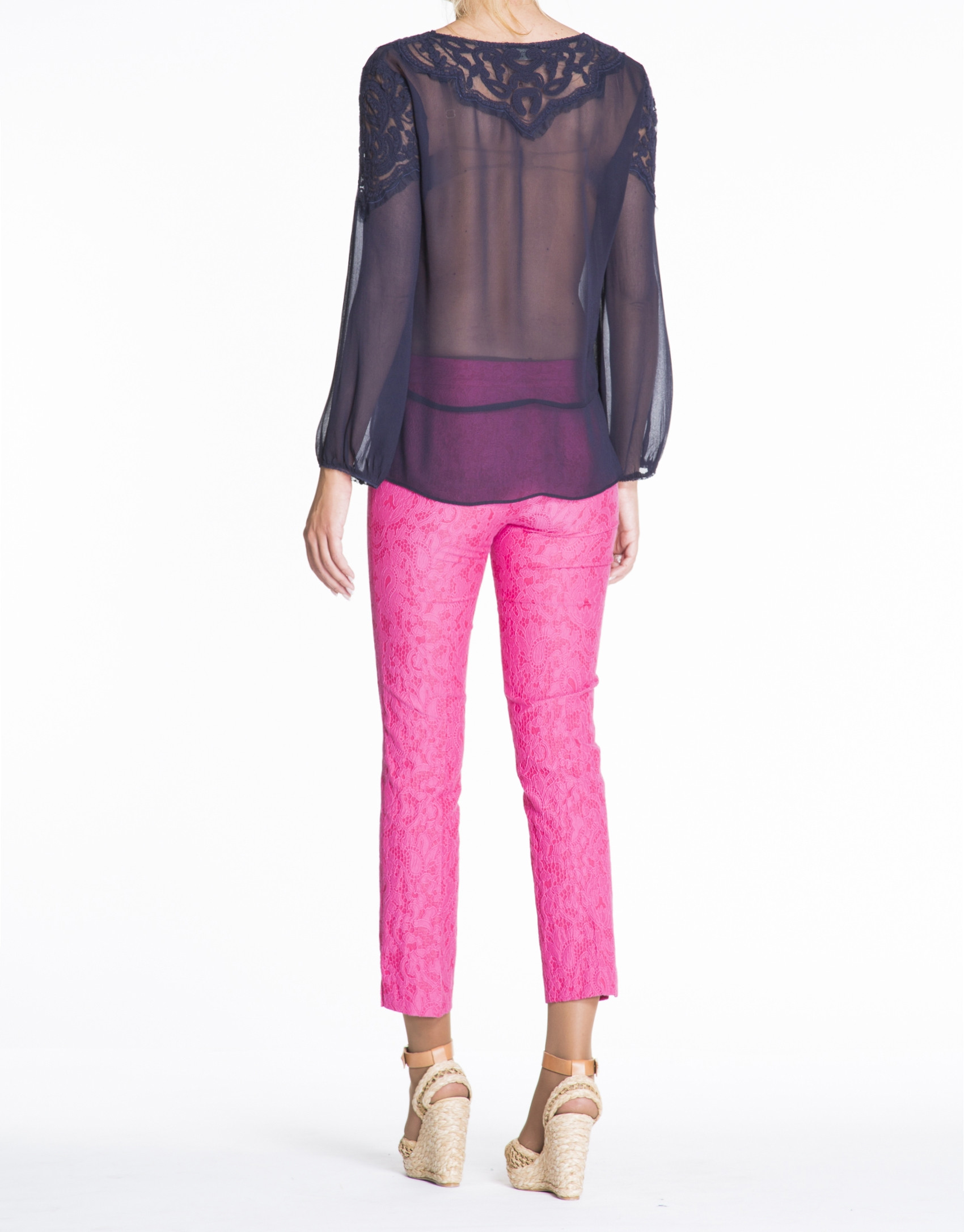 Navy blue embroidered long-sleeve bombacho blouse 