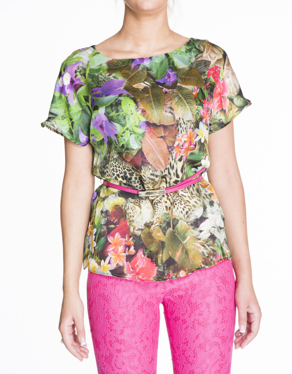 Blusón seda estampado floral tonos verdes