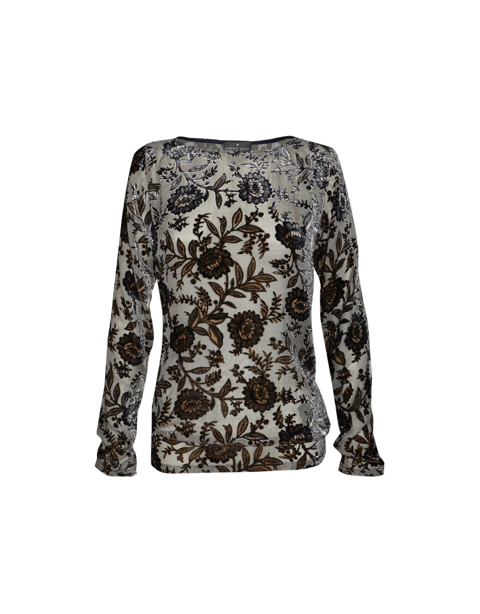 Grey black silky gauze blouse printed