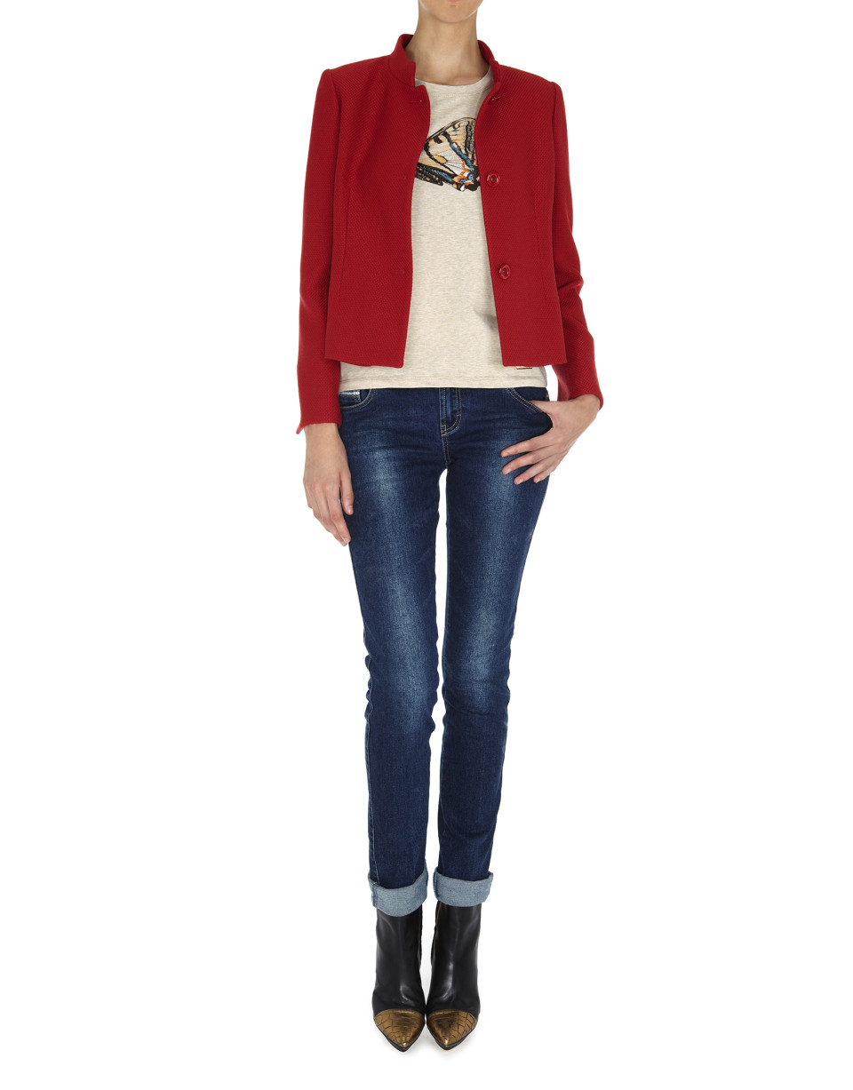 Chaqueta lana corta cuello Mao Jacquard rojo