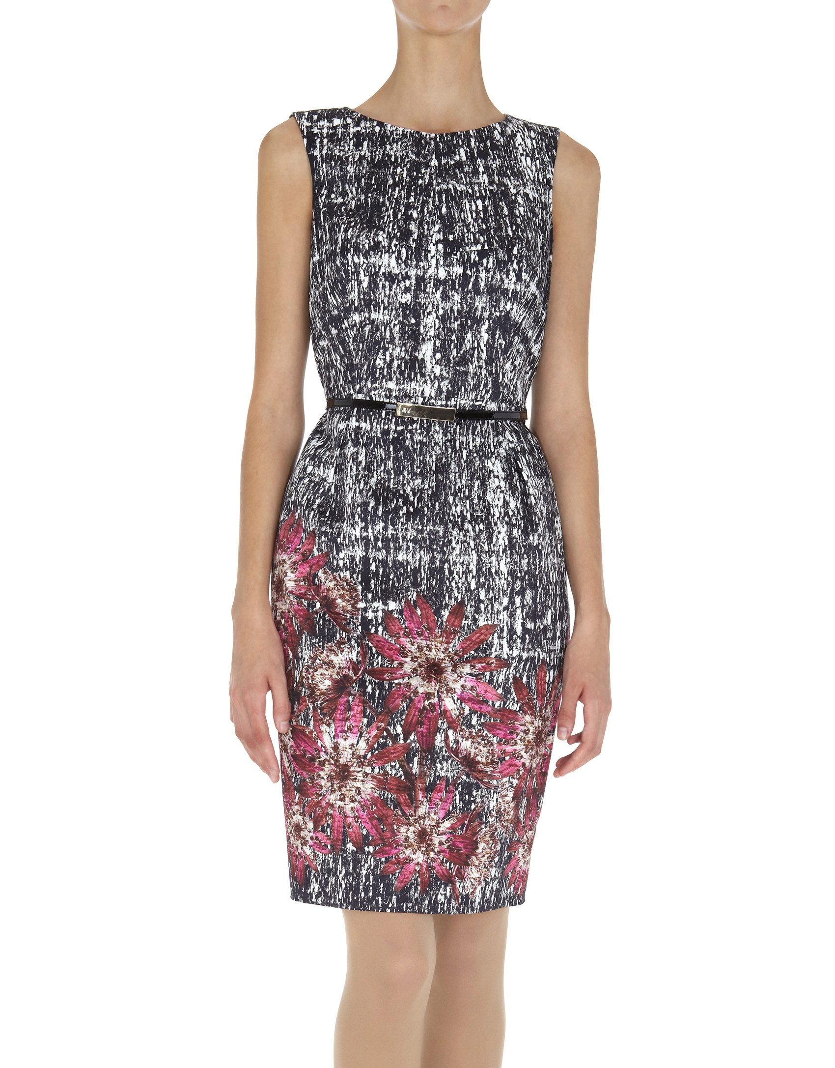 Gray straight dress with flowers at bottom 