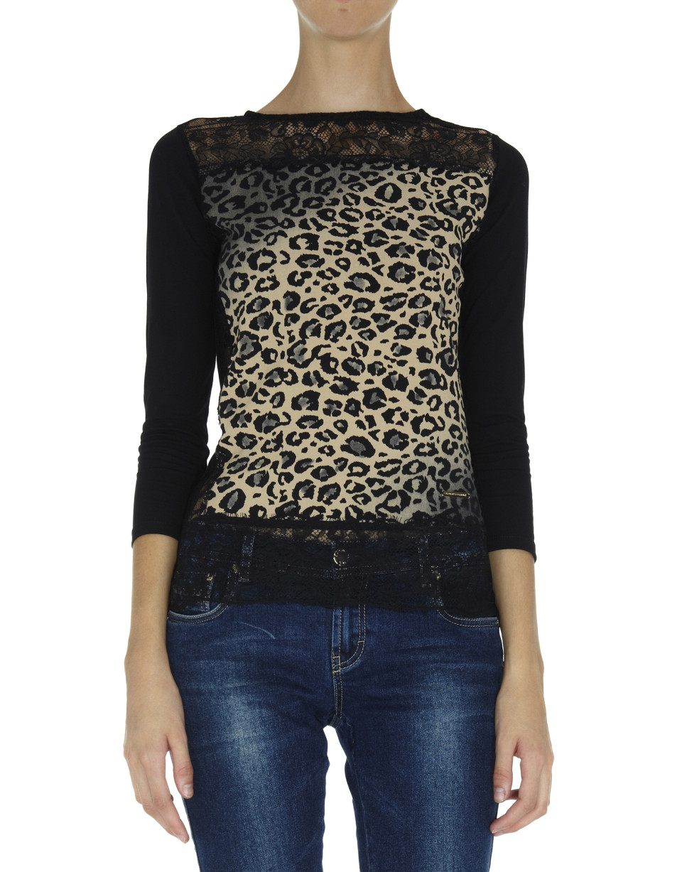 Animal print and lace top with long sleeves