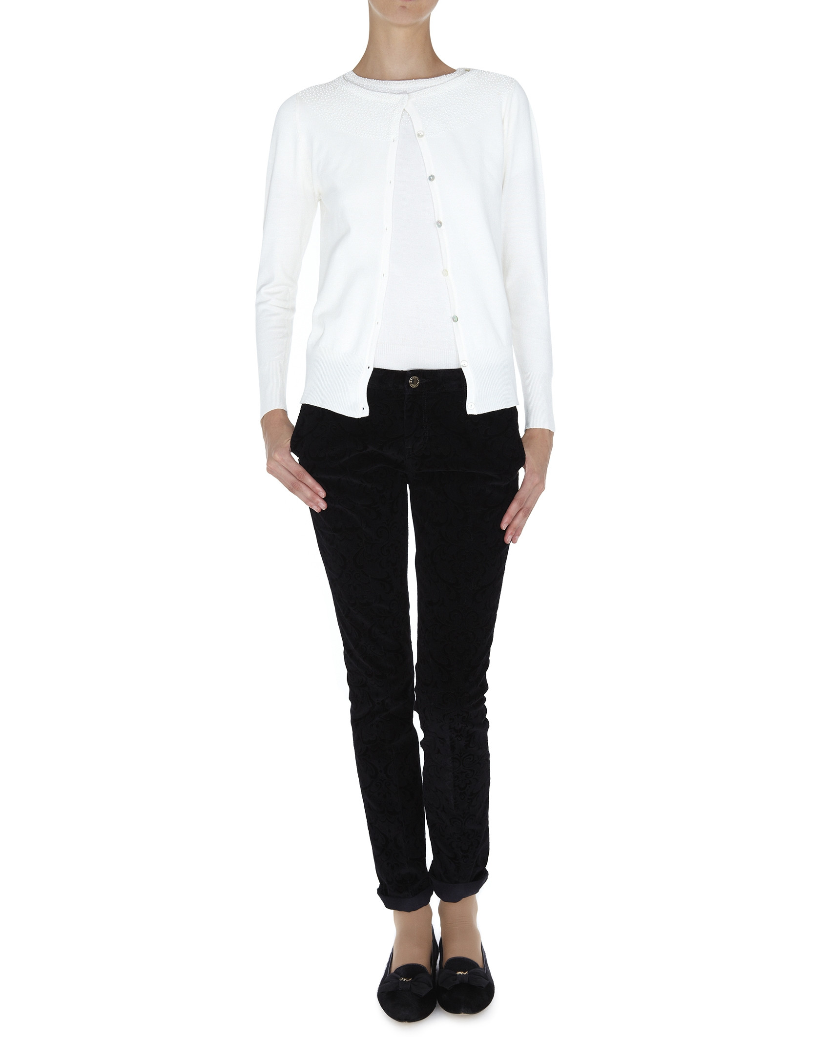 White jacket with pearls on neckline