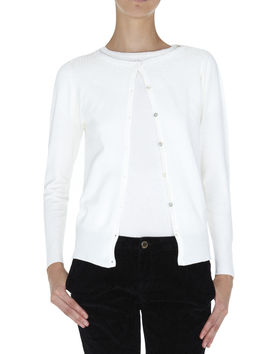 White jacket with pearls on neckline