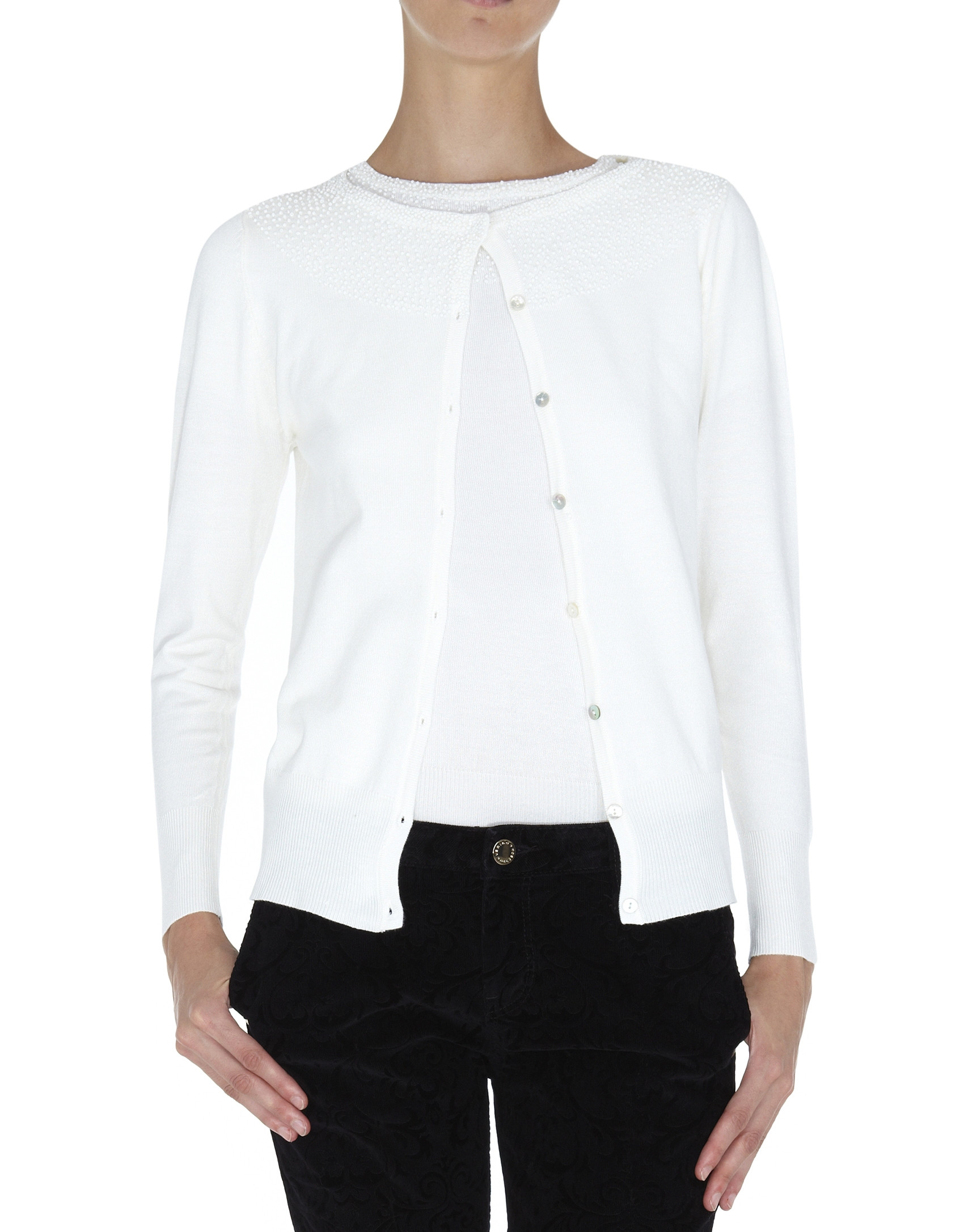 White jacket with pearls on neckline