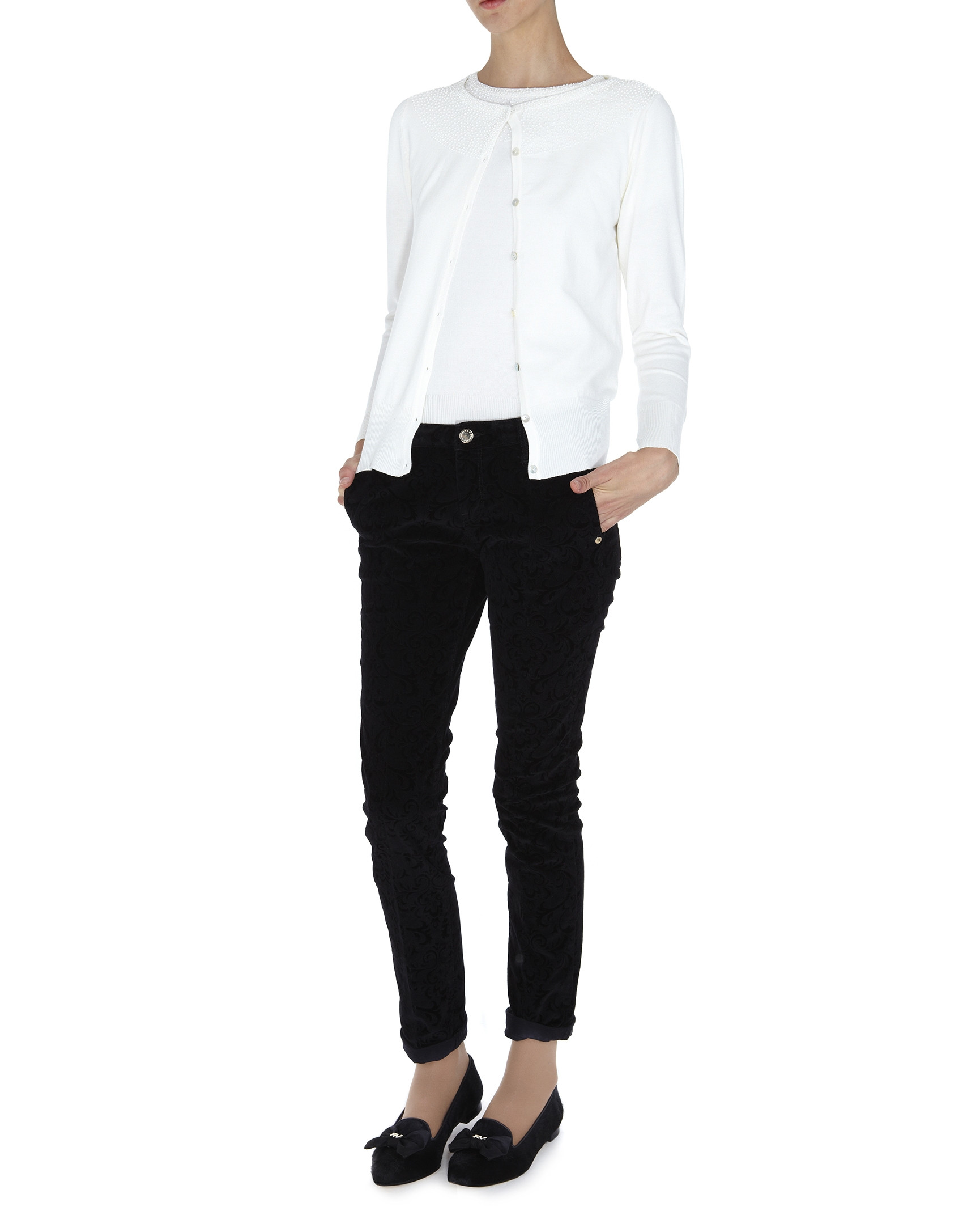 White jacket with pearls on neckline