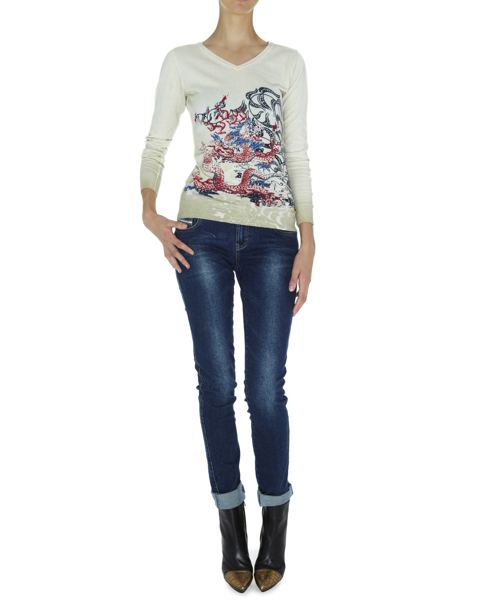Beige cashmere sweater with dragon design
