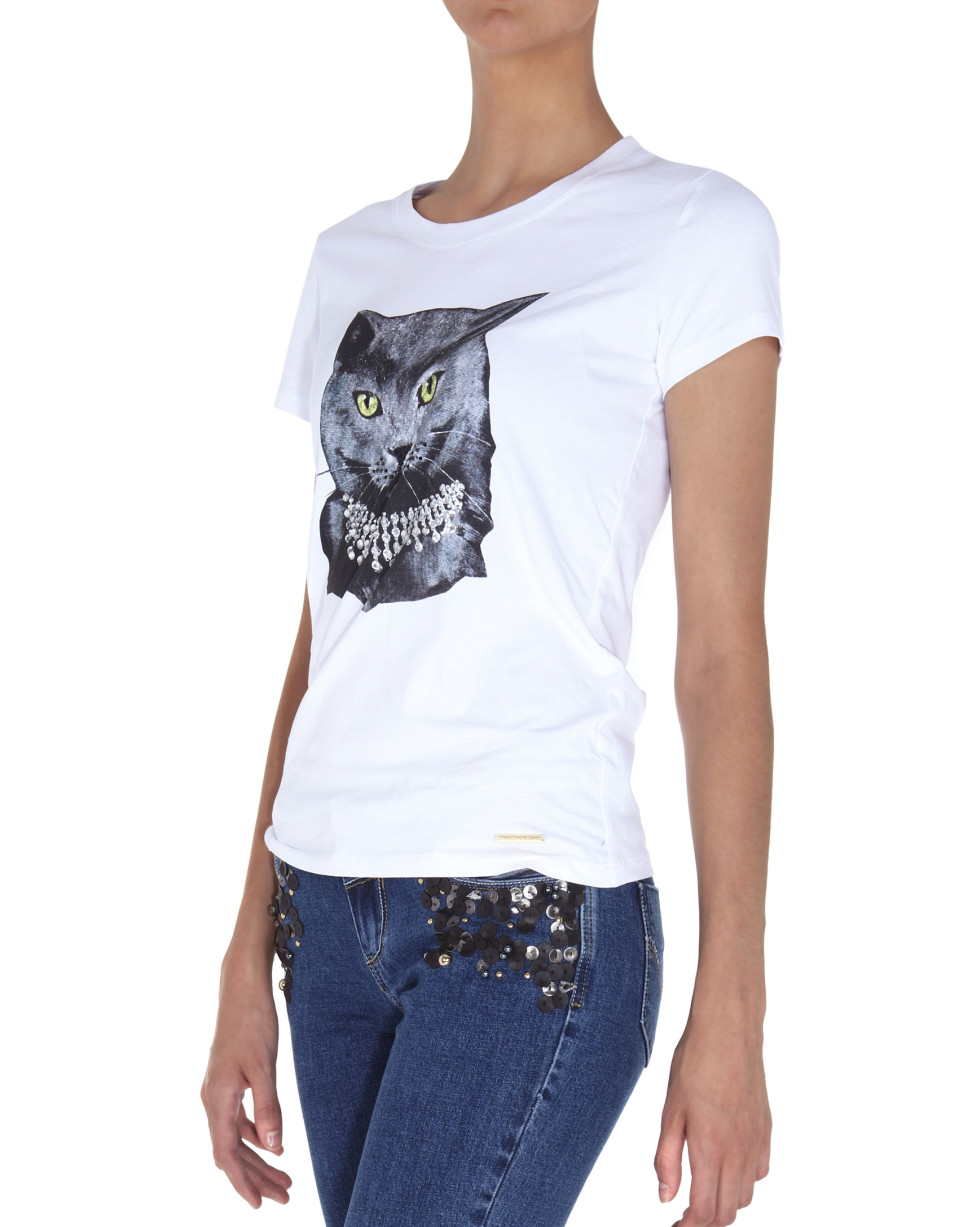 Camiseta manga corta blanca ilustración gato con strass